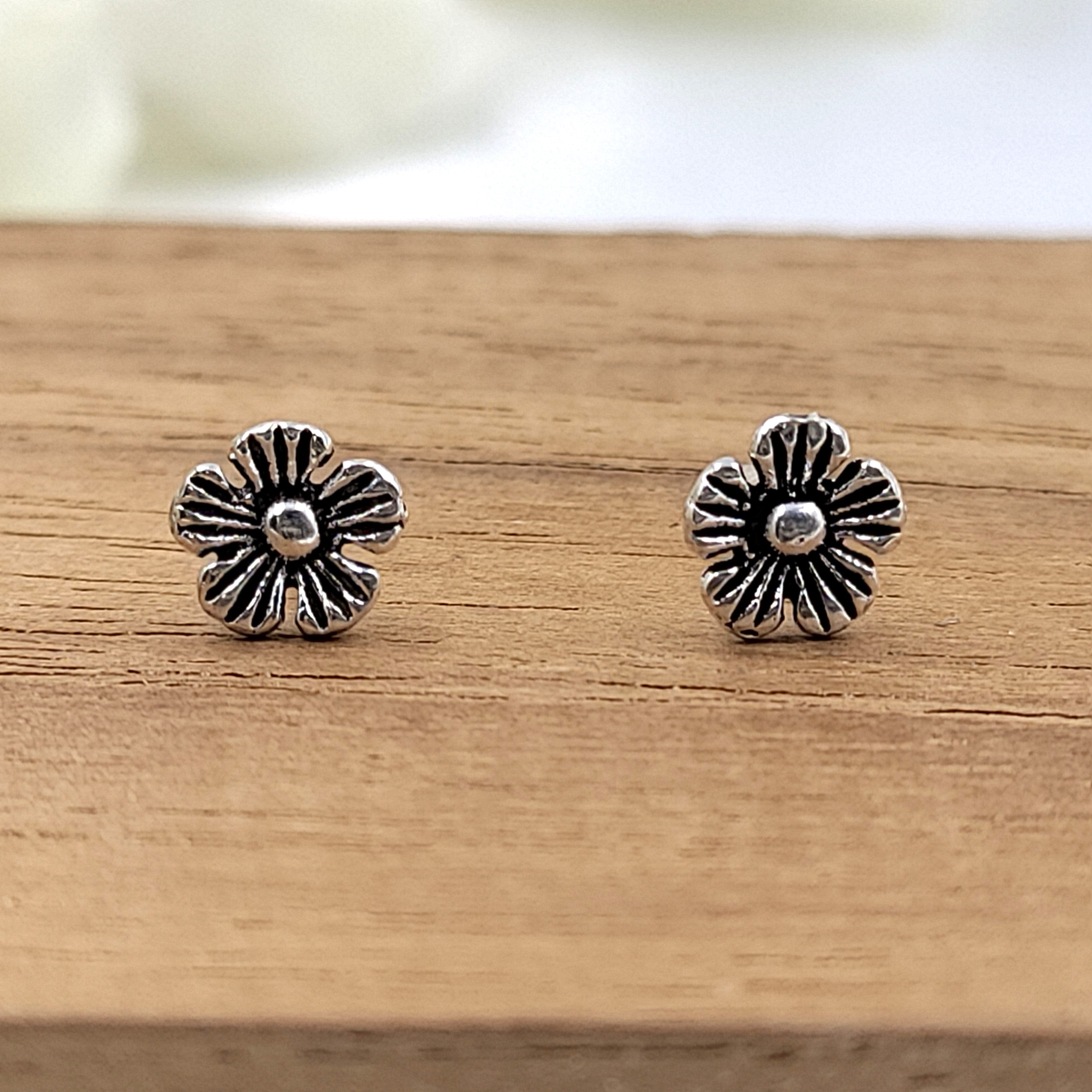 Silver Oxidised Vintage Flower Stud Earring Beautifull Flower Earring Floral Jewelry Handmade Pushback Stud 925 Sterling Gift For Baby Girl