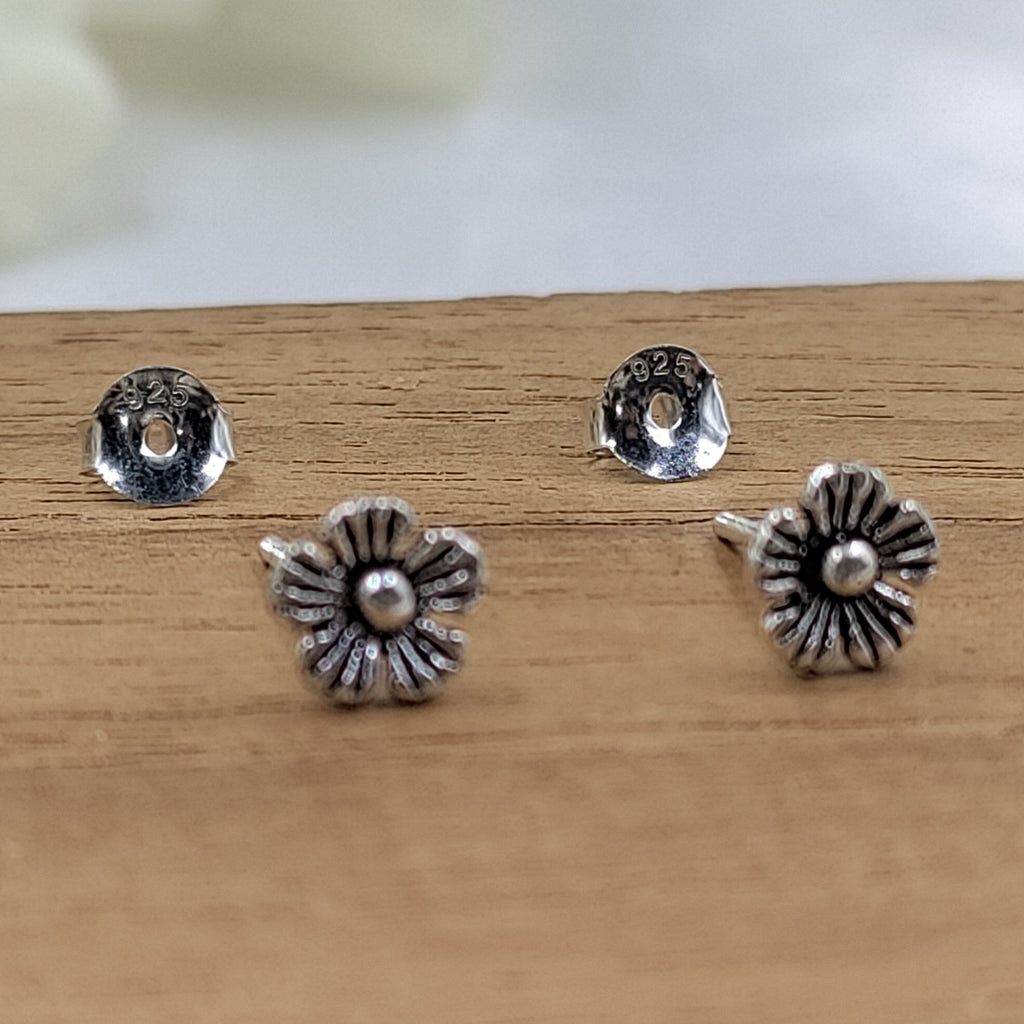 Silver Oxidized Vintage Flower Stud Earring 925 Sterling Gift For Baby Girl