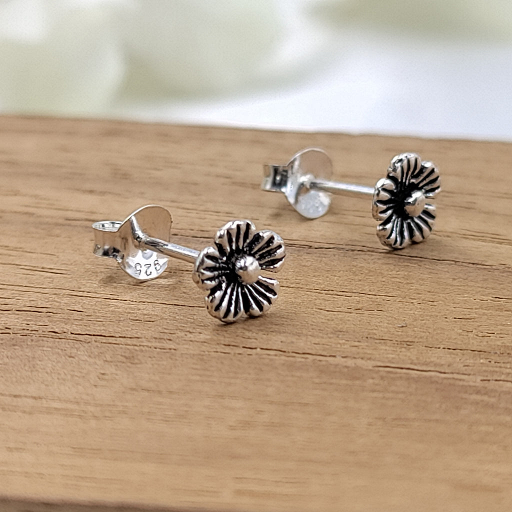 Silver Oxidized Vintage Flower Stud Earring 925 Sterling Gift For Baby Girl