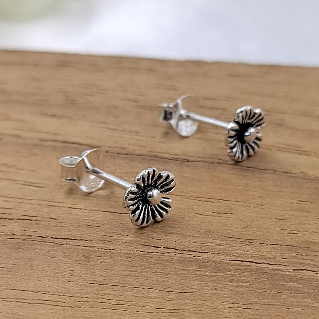 Silver Oxidized Vintage Flower Stud Earring 925 Sterling Gift For Baby Girl