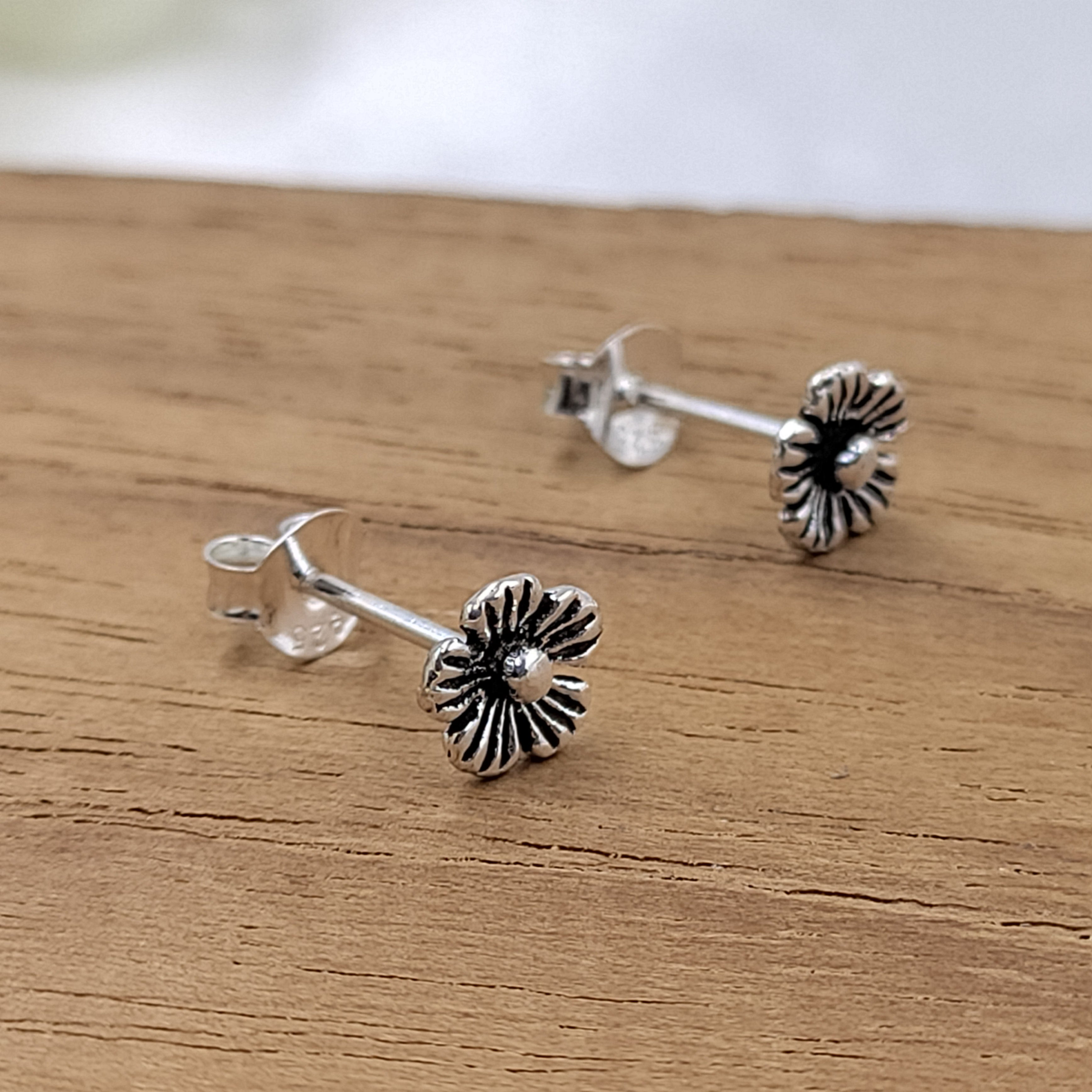 Silver Oxidised Vintage Flower Stud Earring Beautifull Flower Earring Floral Jewelry Handmade Pushback Stud 925 Sterling Gift For Baby Girl
