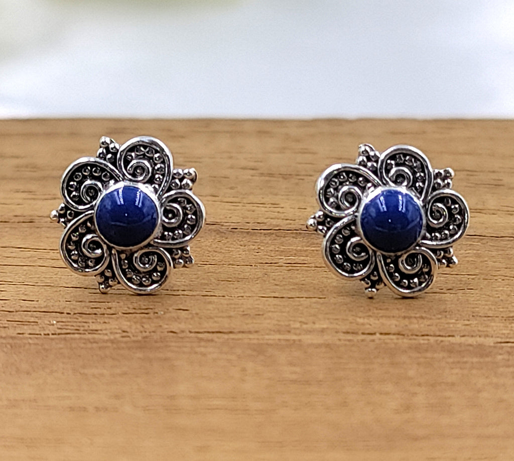 Silver Oxidized Vintage Blue Flower Stud Earring Beautiful Flower Earring  925 Sterling Silver Gift