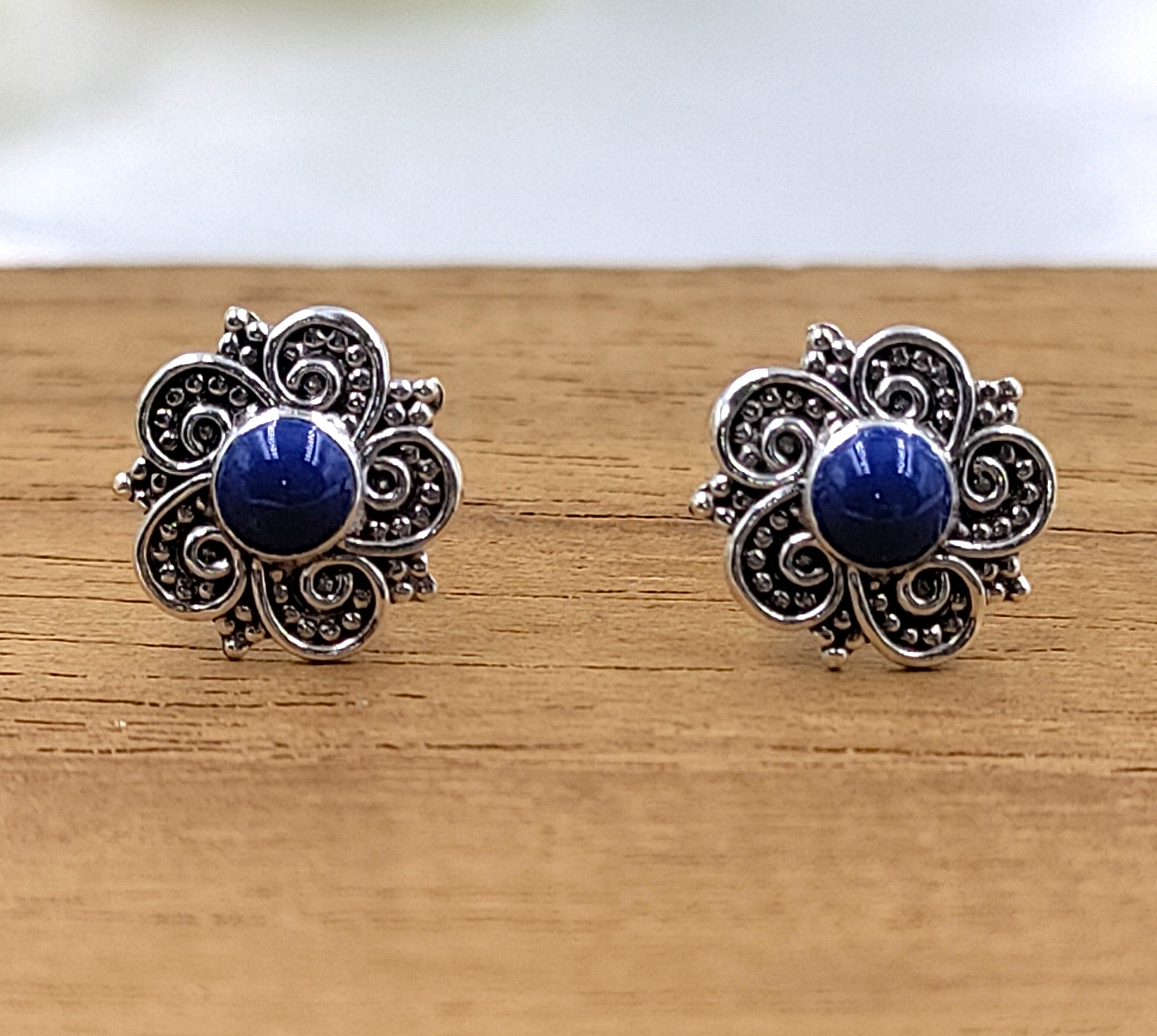 Silver Oxidised Vintage Blue Flower Stud Earring Beautifull Flower Earring Floral Jewelry Handmade Pushback Stud 925 Sterling Silver Gift