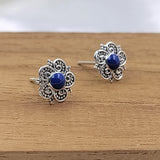 Silver Oxidised Vintage Blue Flower Stud Earring Beautifull Flower Earring Floral Jewelry Handmade Pushback Stud 925 Sterling Silver Gift