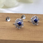Silver Oxidized Vintage Blue Flower Stud Earring Beautiful Flower Earring  925 Sterling Silver Gift