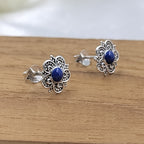 Silver Oxidized Vintage Blue Flower Stud Earring Beautiful Flower Earring  925 Sterling Silver Gift