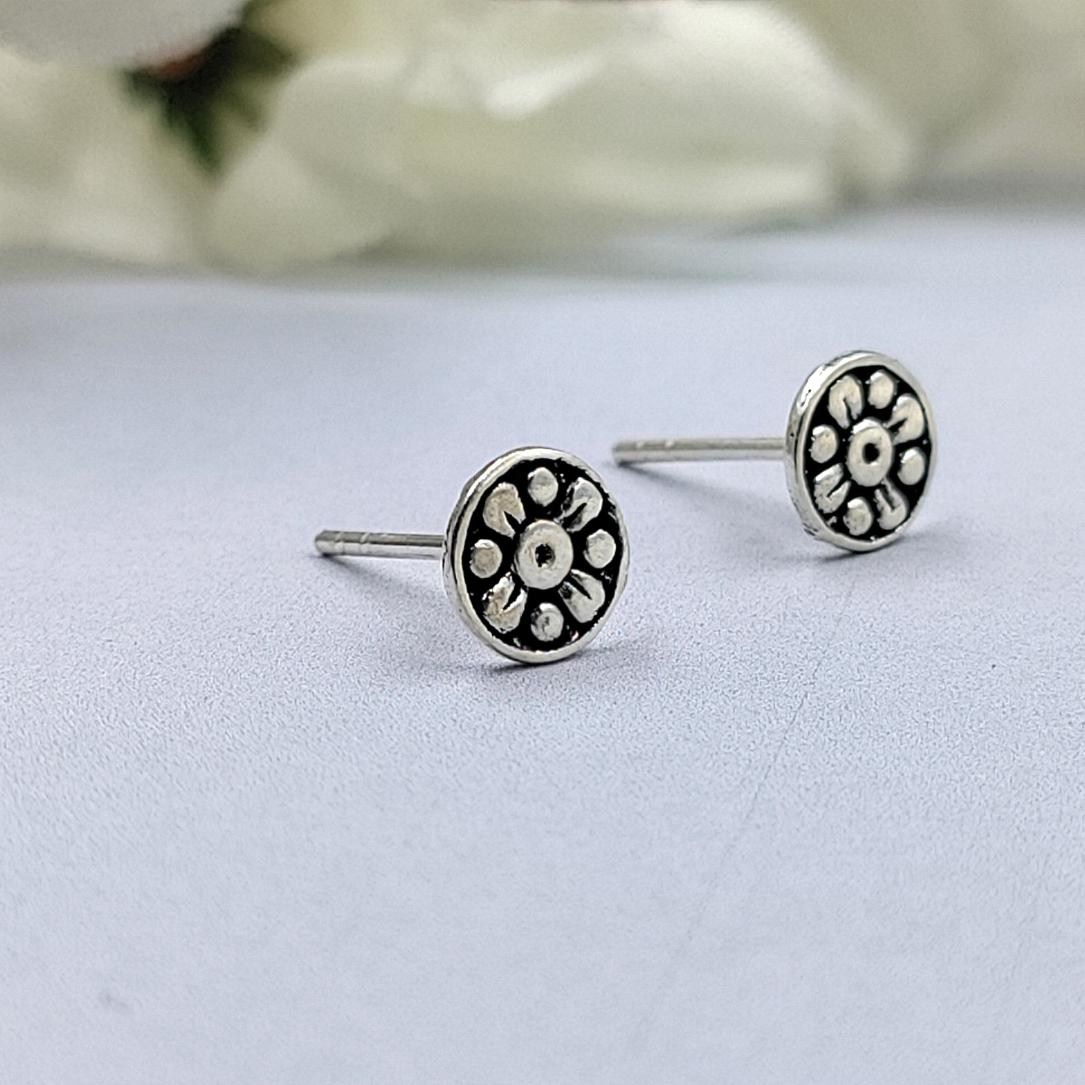Indian Tribal Flower Silver Oxidised Stud Earrings Black Flower Stud Post Floral Petal Studs Handmade Gift Stud Pushback Solid 925