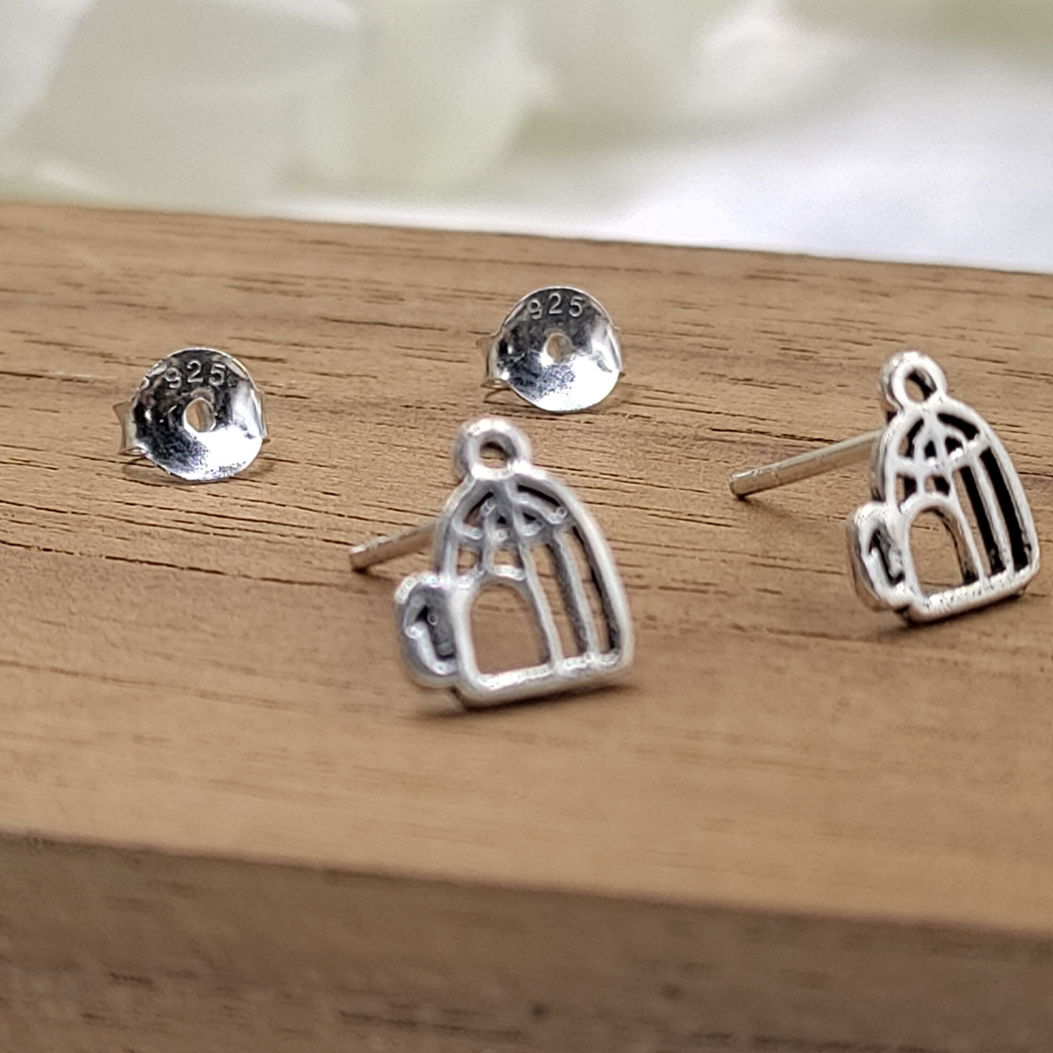Bird Cage Earrings Silver Antique Studs Earrings Chraming Stud Minimalist Handmade Gift Studs with Pushback 925 Sterling Silver Cute Gift