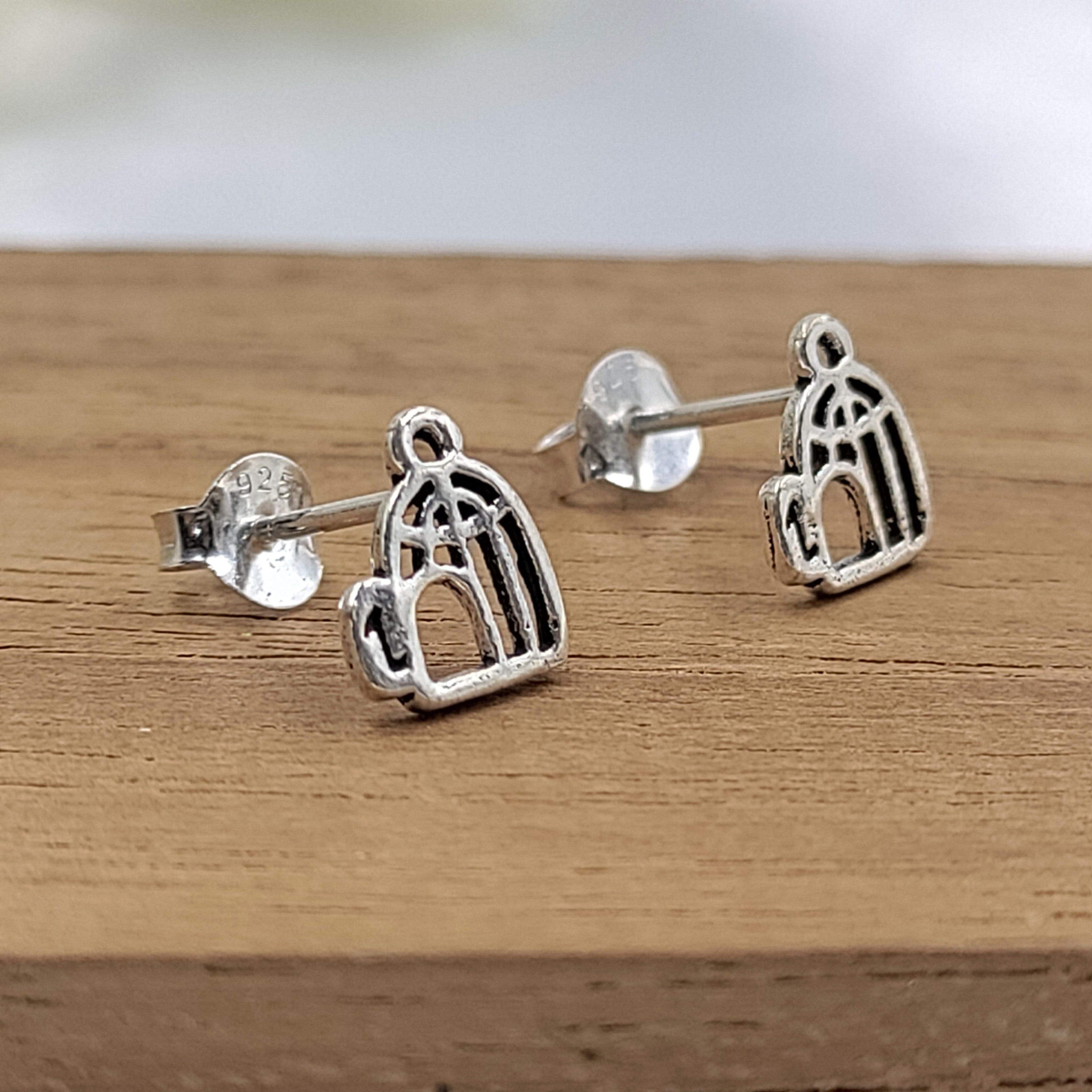 Bird Cage Earrings Silver Antique Studs Earrings Chraming Stud Minimalist Handmade Gift Studs with Pushback 925 Sterling Silver Cute Gift