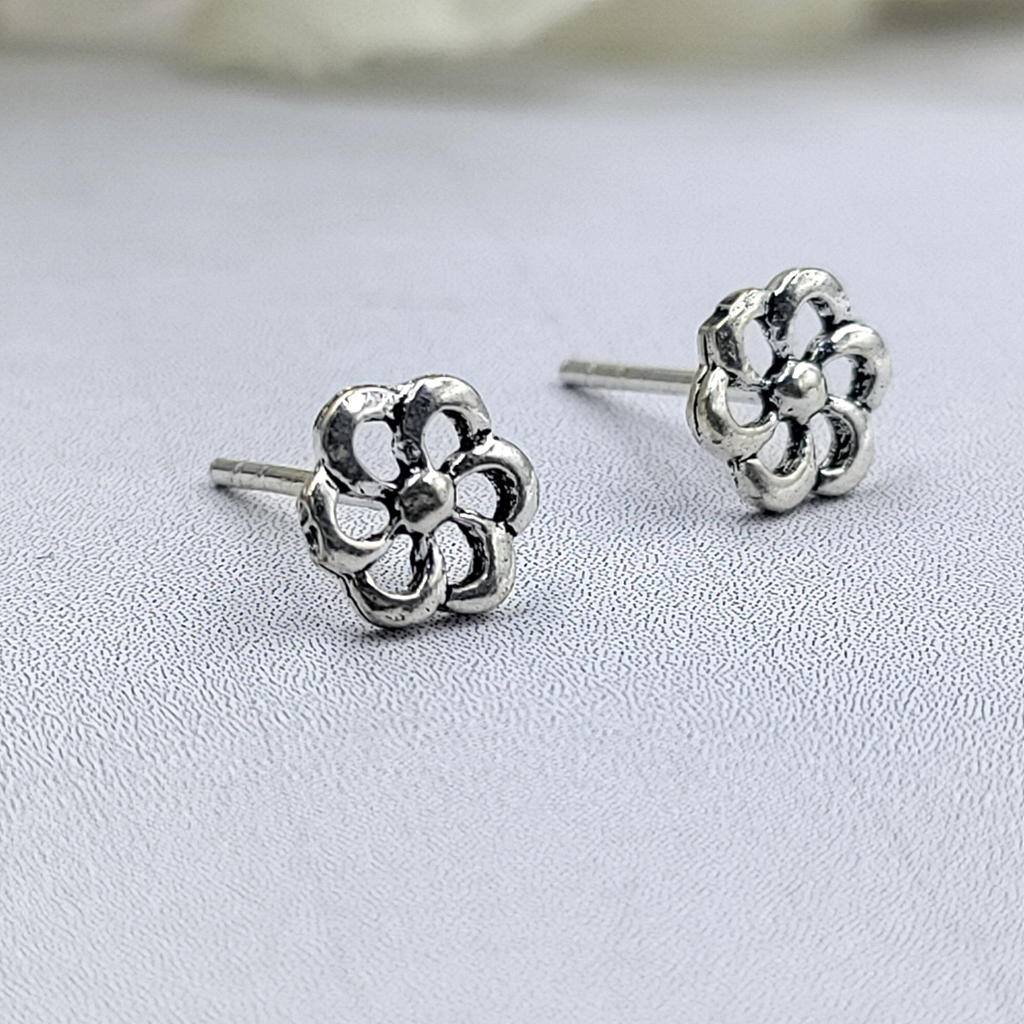 Solid SIlver Flower Stud Earrings Sparkling Flower Stud Post Floral Petal Studs Handmade Gift Stud Pushback Solid 925
