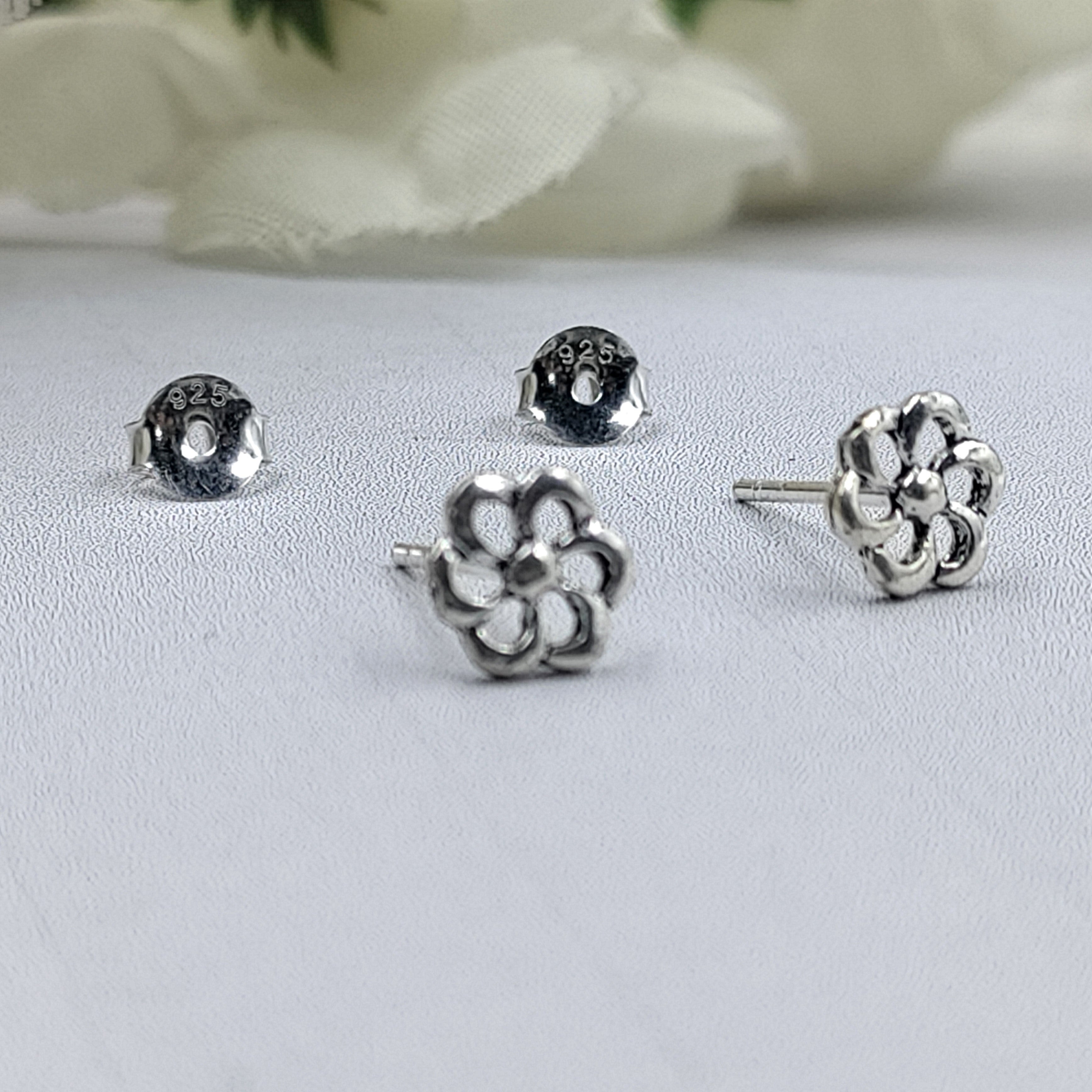 Solid SIlver Flower Stud Earrings Sparkling Flower Stud Post Floral Petal Studs Handmade Gift Stud Pushback Solid 925