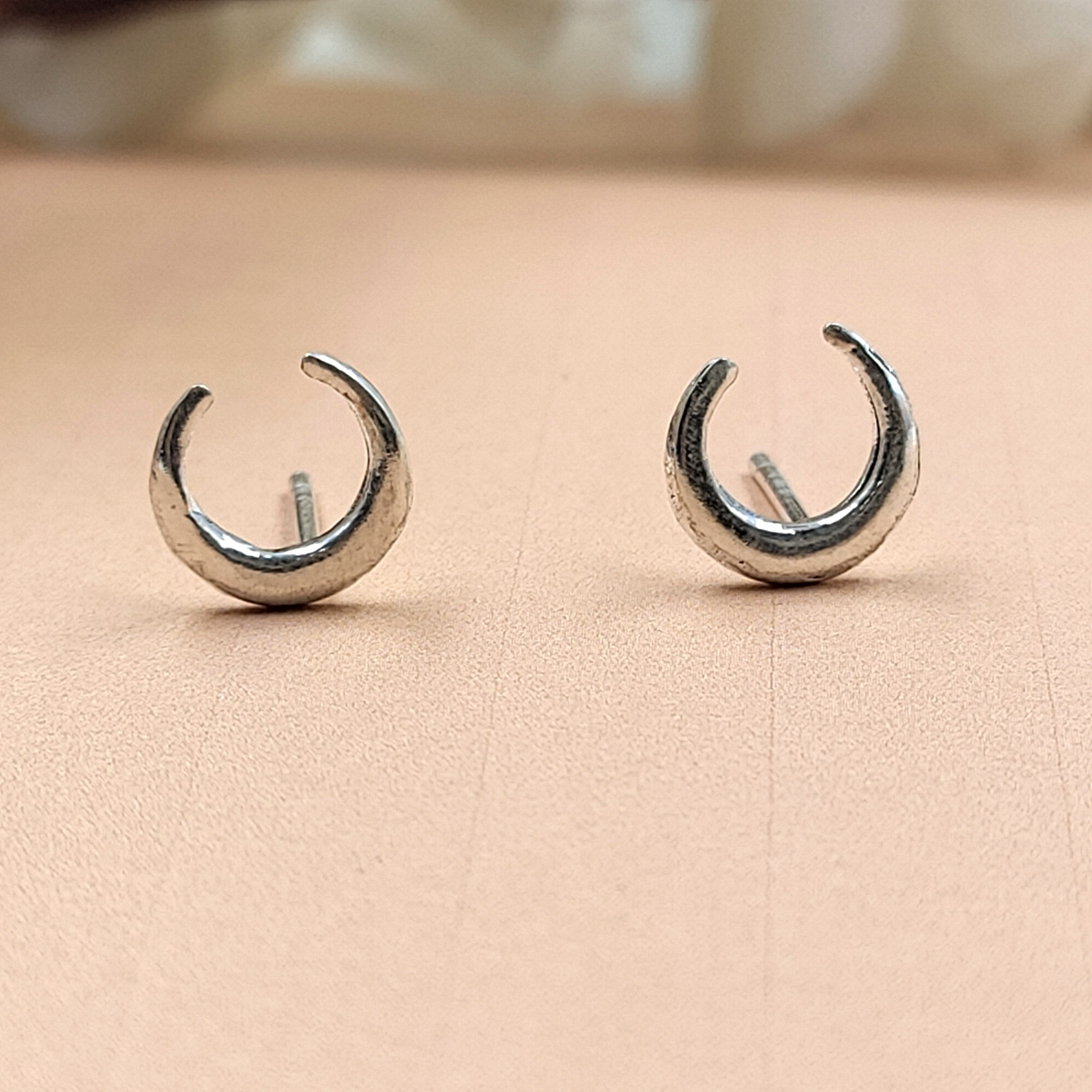 Silver Celestial Jewelry Crescent Moon Half Stud Earrings Little Moon Earrings Minimalist Handmade Gift Stud with Pushback Sterling 925
