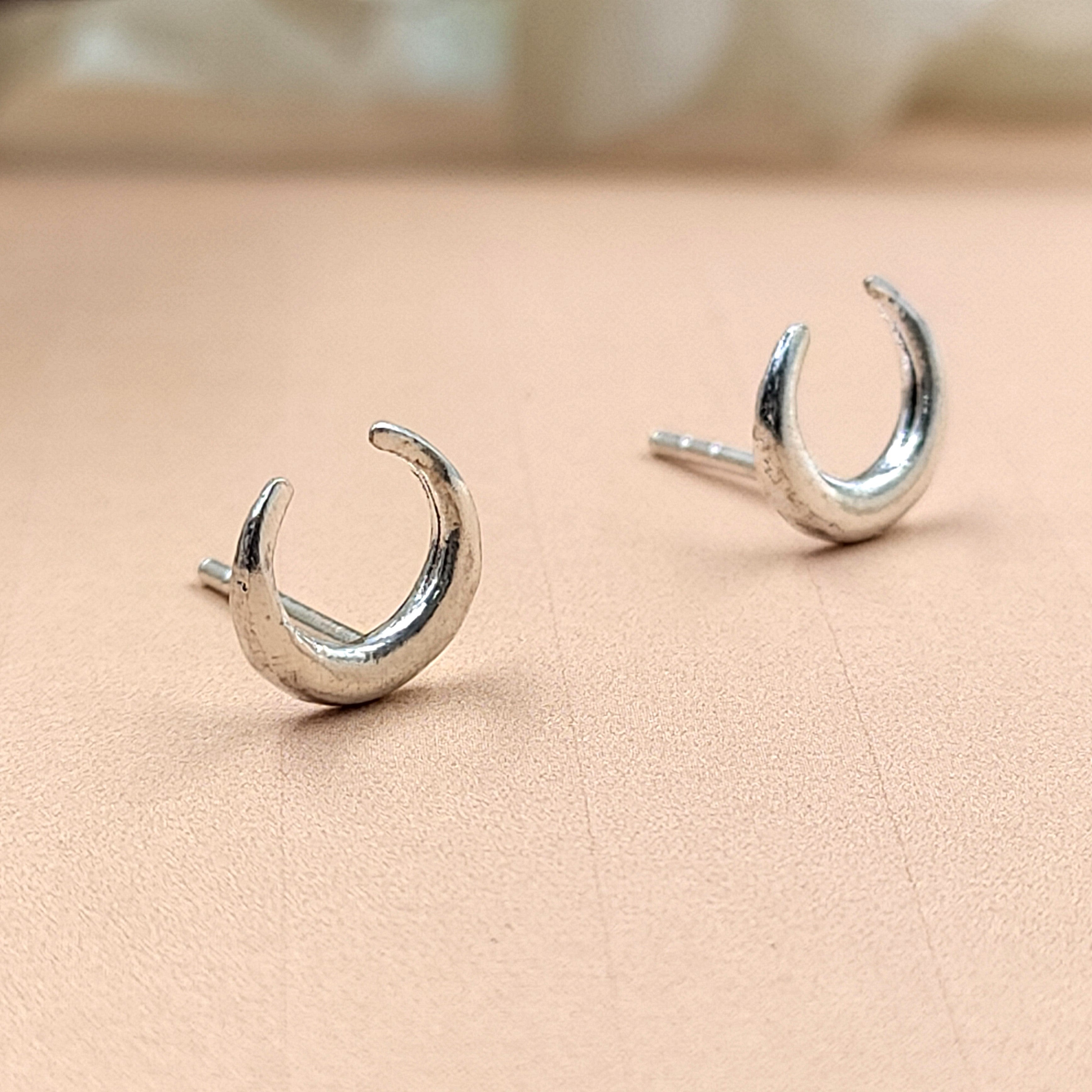 Silver Celestial Jewelry Crescent Moon Half Stud Earrings Little Moon Earrings Minimalist Handmade Gift Stud with Pushback Sterling 925