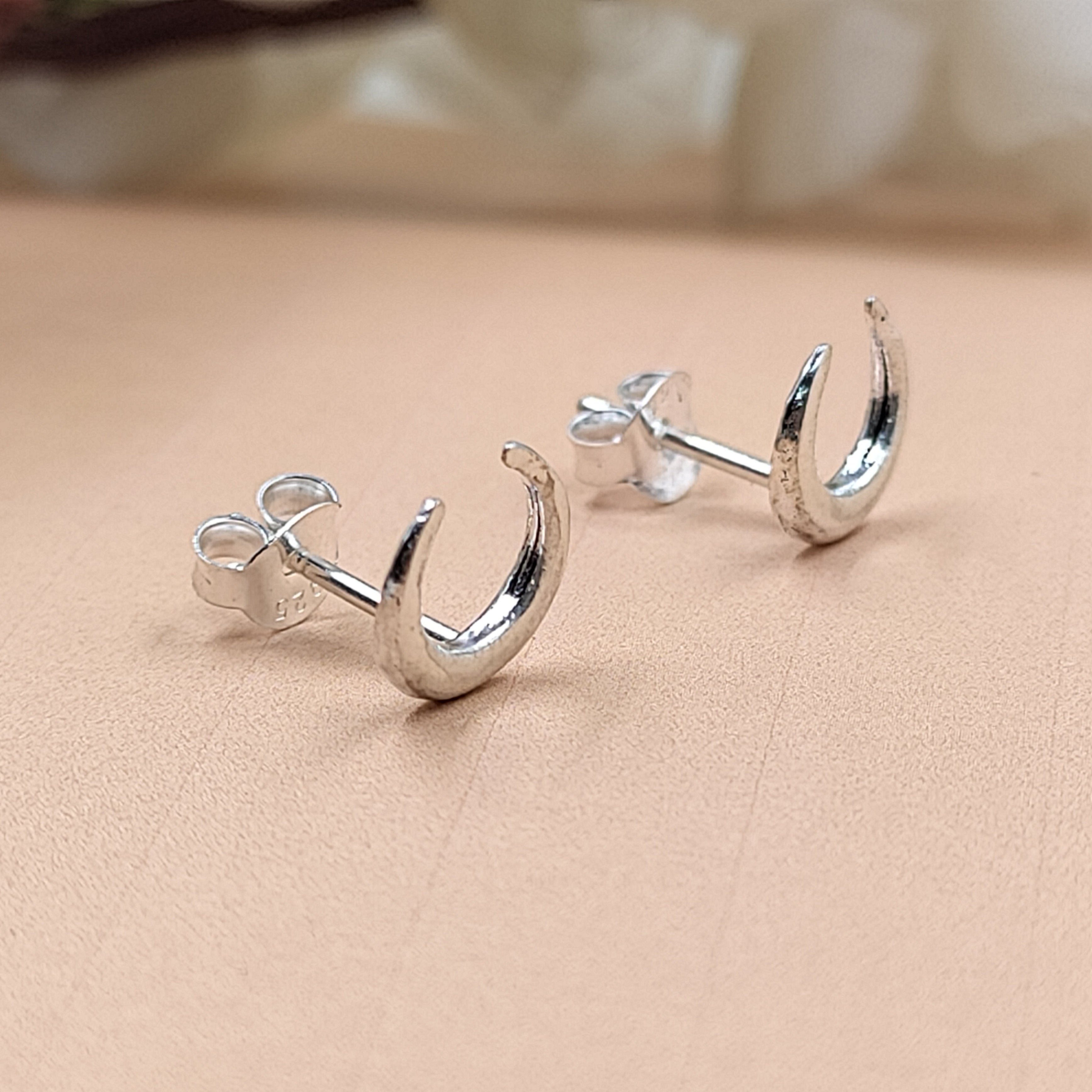 Silver Celestial Jewelry Crescent Moon Half Stud Earrings Little Moon Earrings Minimalist Handmade Gift Stud with Pushback Sterling 925