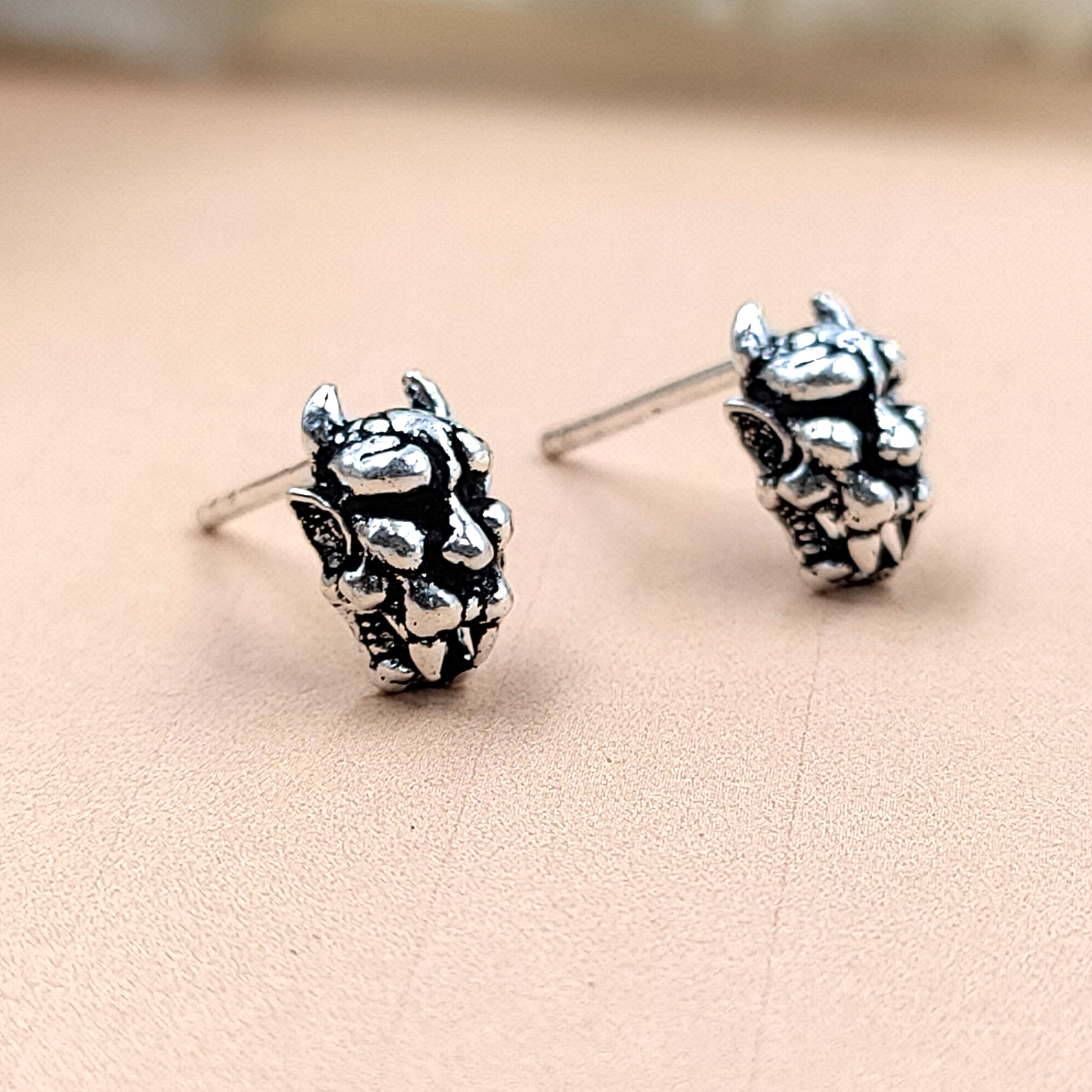 Dragon Head Earring Antique Silver Devil Stud Minimalist Handmade Gift Stud with Pushback 925 Sterling Silver Cool Gift Ideas Helloween