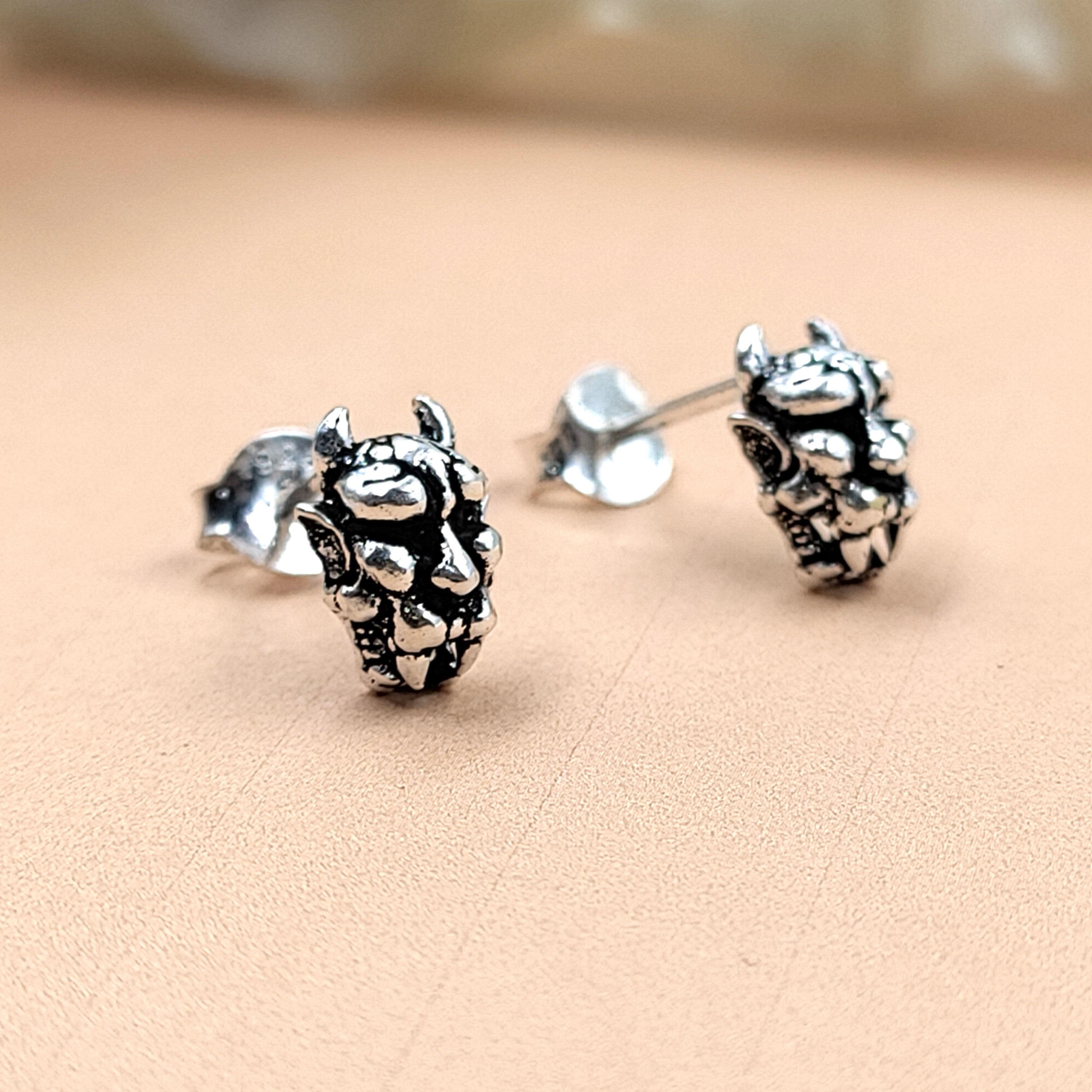 Dragon Head Earring Antique Silver Devil Stud Minimalist Handmade Gift Stud with Pushback 925 Sterling Silver Cool Gift Ideas Helloween