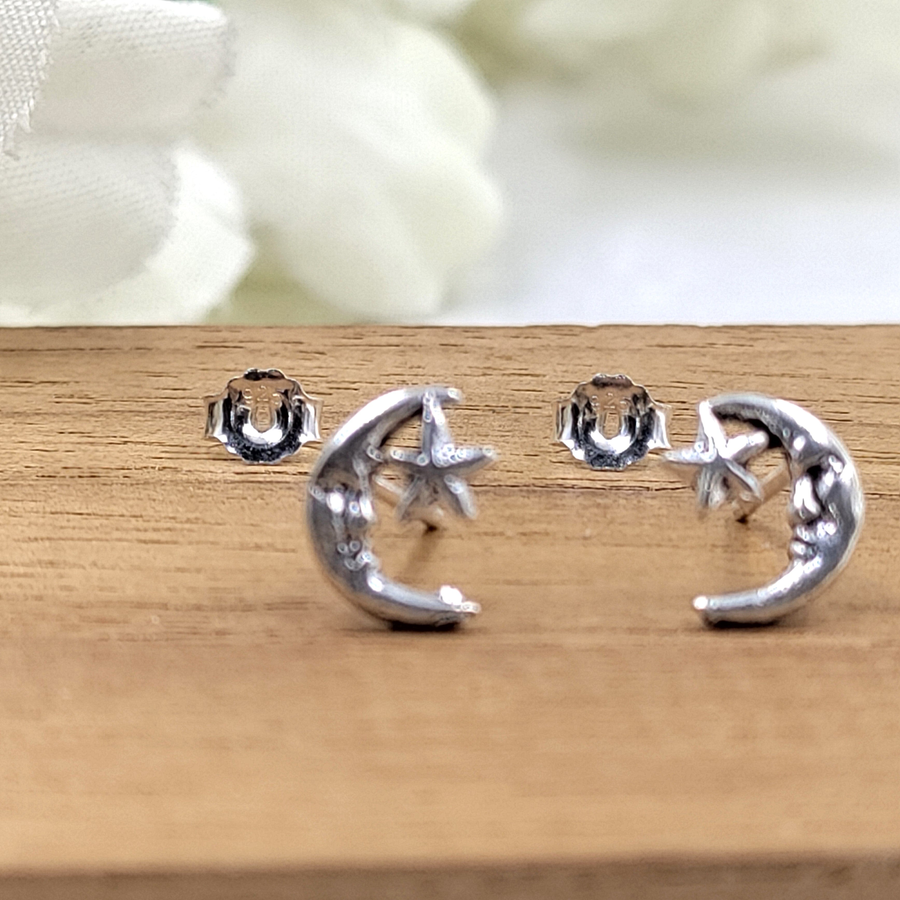 Unique Hawaiian Moon Star Earring 925 Sterling Silver Gift for Birthday Mother Wife Mom Minimalist Handmade Gift Stud with Pushback