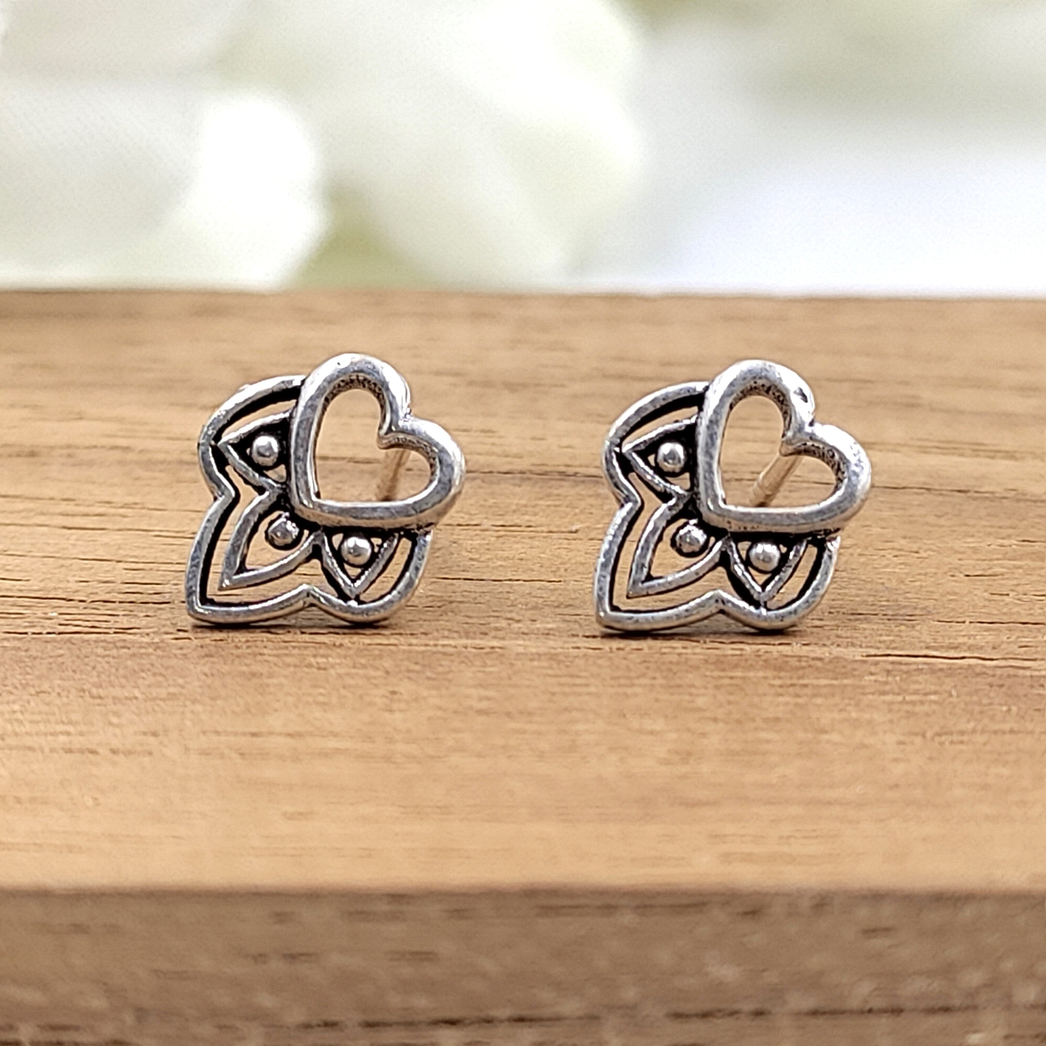 Cute Bali Heart Stud Earring Oxidised Heart Unisex Stud Little Ear Stud Minimalist Handmade Stud Pushback Solid Silver 925