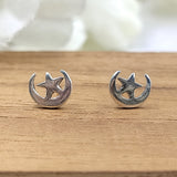 Moon and Star Studs Earring 925 Sterling Silver Gift for Birthday Mother Wife Mom Minimalist Handmade Gift Stud with Pushback