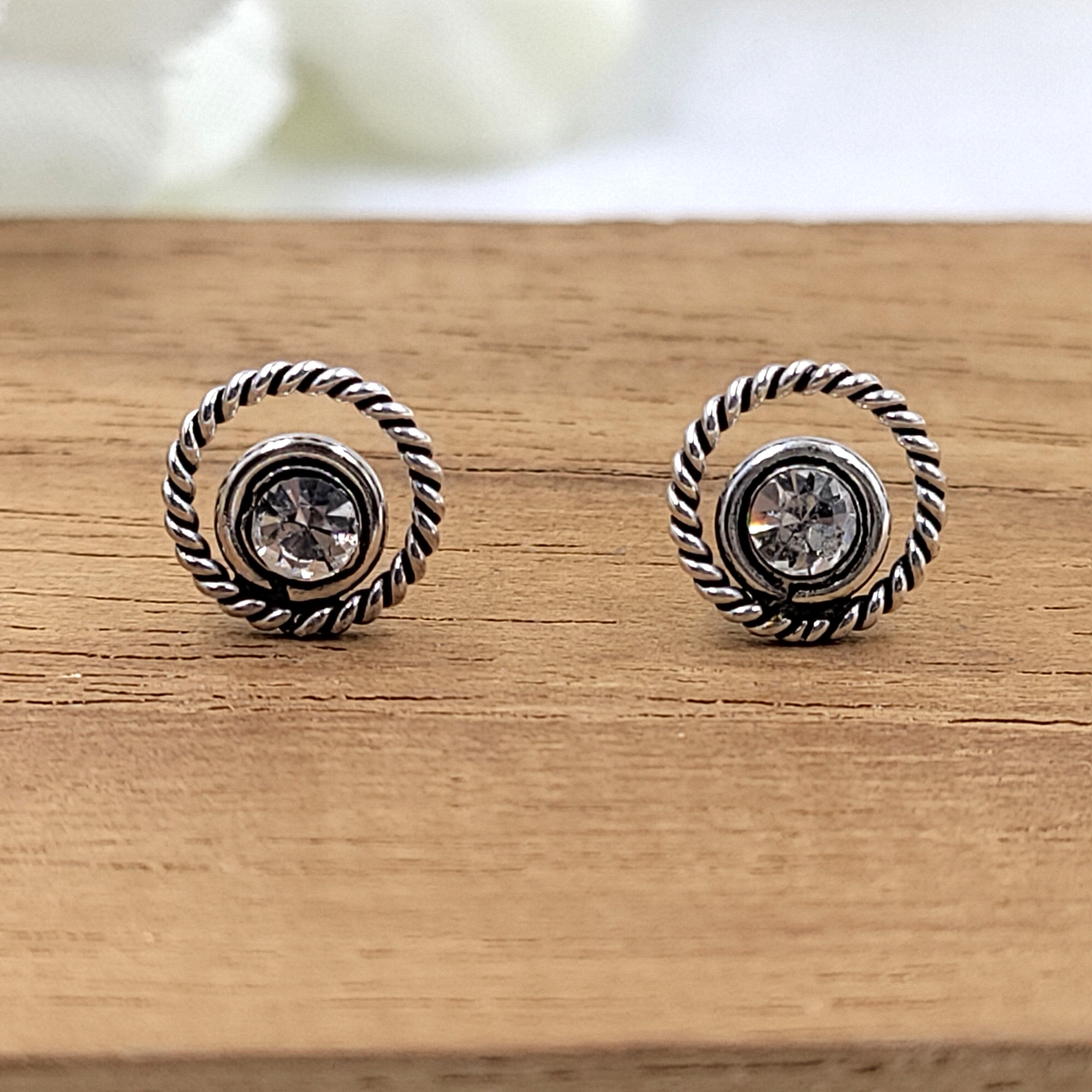 Cubic Zirconia Art Round Stud Earrings Silver Oxidised Stud Earrings Vintage Jewel Art Handmade Gift Solid 925 Gift for Mother Sister