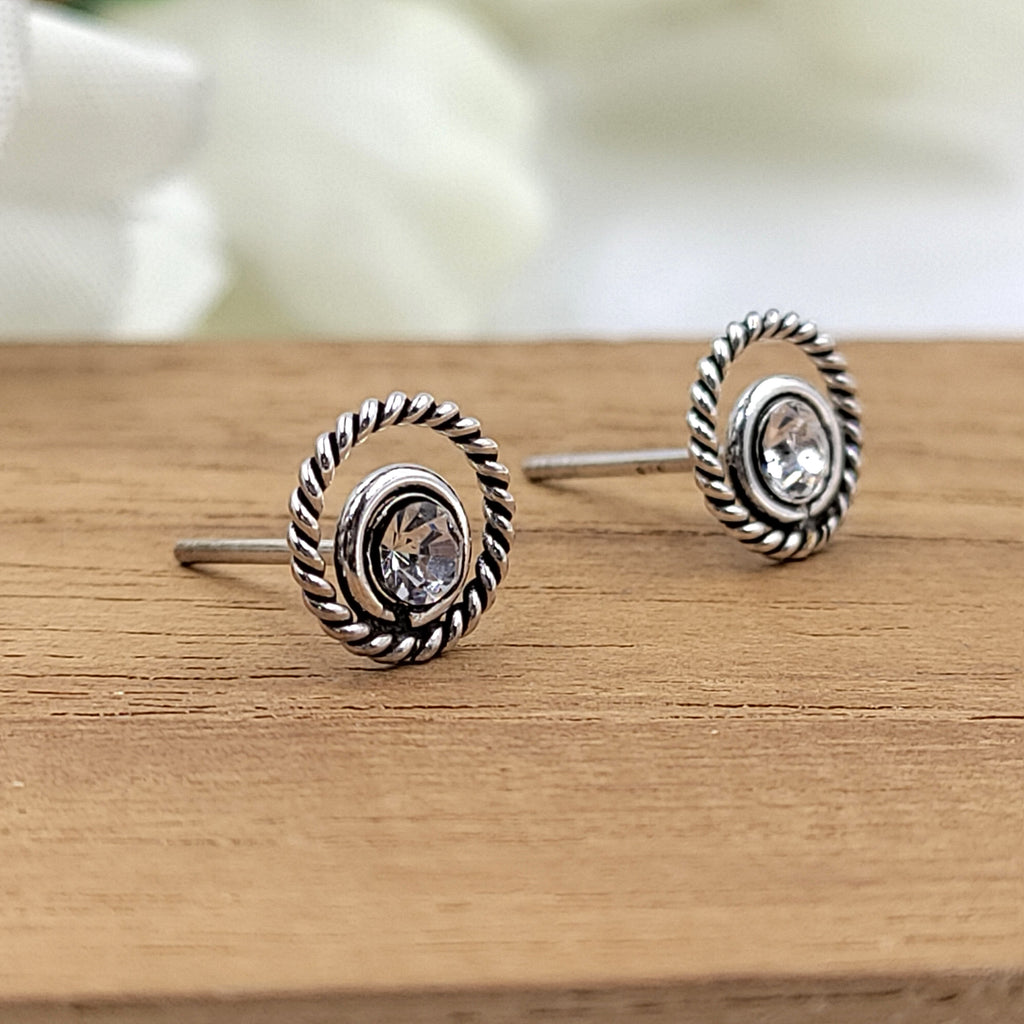 Cubic Zirconia Art Round Stud Earrings Silver Oxidised Vintage Jewel Art Solid 925