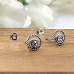 Cubic Zirconia Art Round Stud Earrings Silver Oxidised Vintage Jewel Art Solid 925