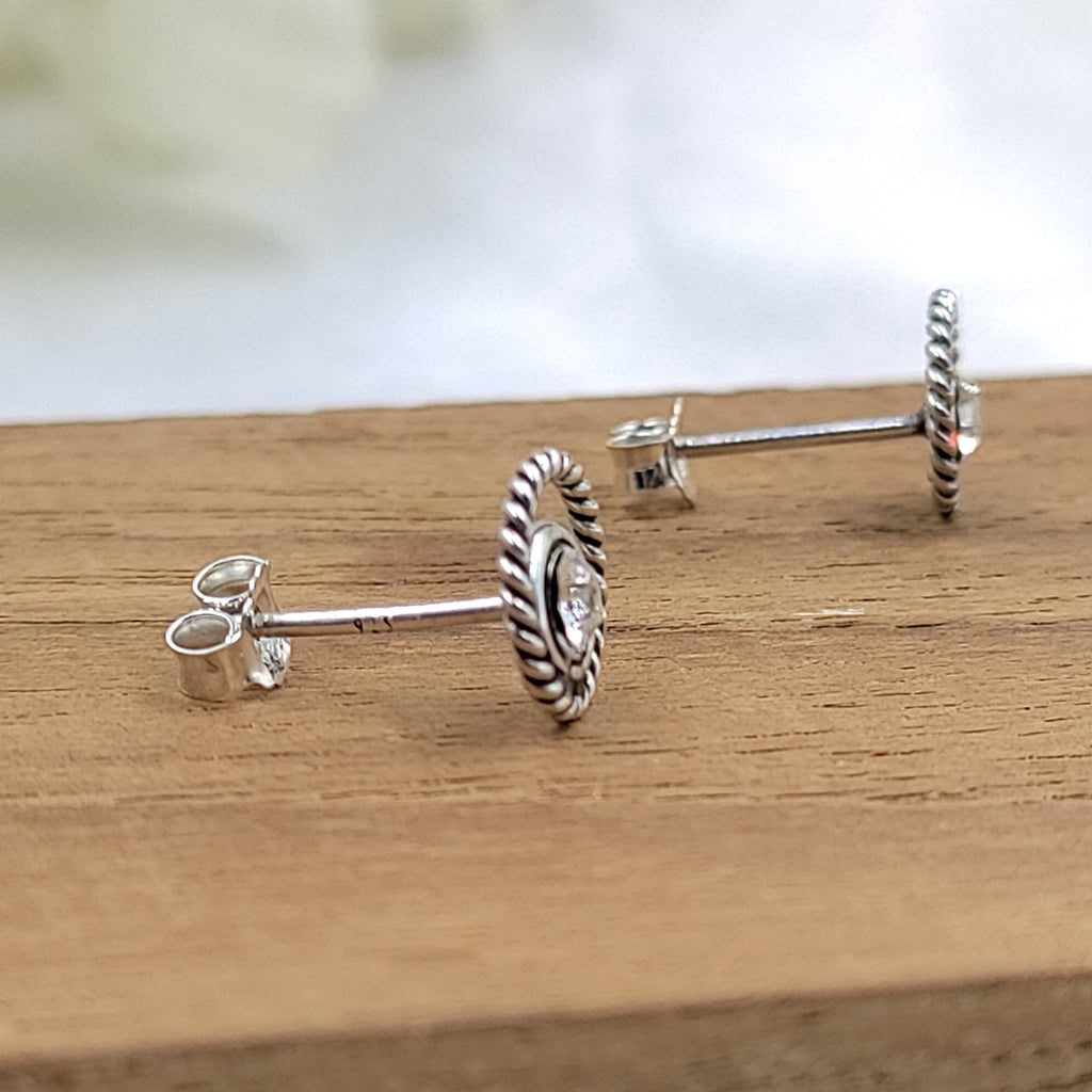 Cubic Zirconia Art Round Stud Earrings Silver Oxidised Vintage Jewel Art Solid 925