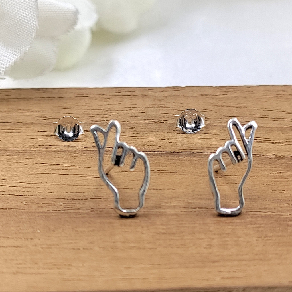 Finger Heart Earring Hand Heart earrings Hand Sign Jewelry Minimalist Handmade Gift Stud with Pushback 925 Sterling Silver Cool Gift for her