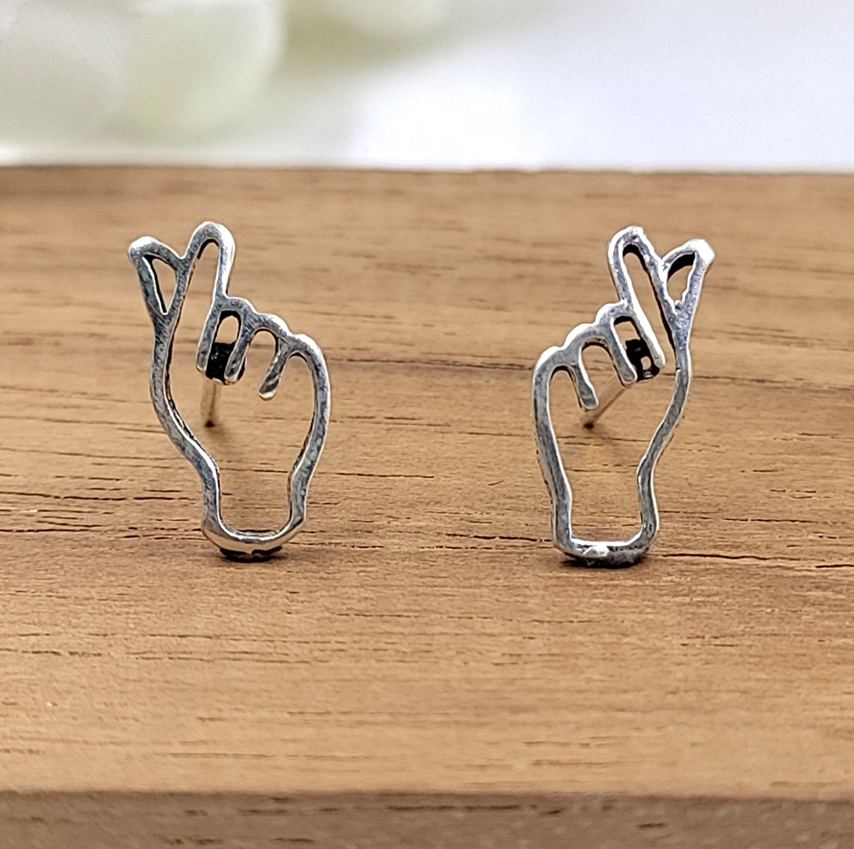 Finger Heart Earring Hand Heart earrings Hand Sign Jewelry Minimalist Handmade Gift Stud with Pushback 925 Sterling Silver Cool Gift for her