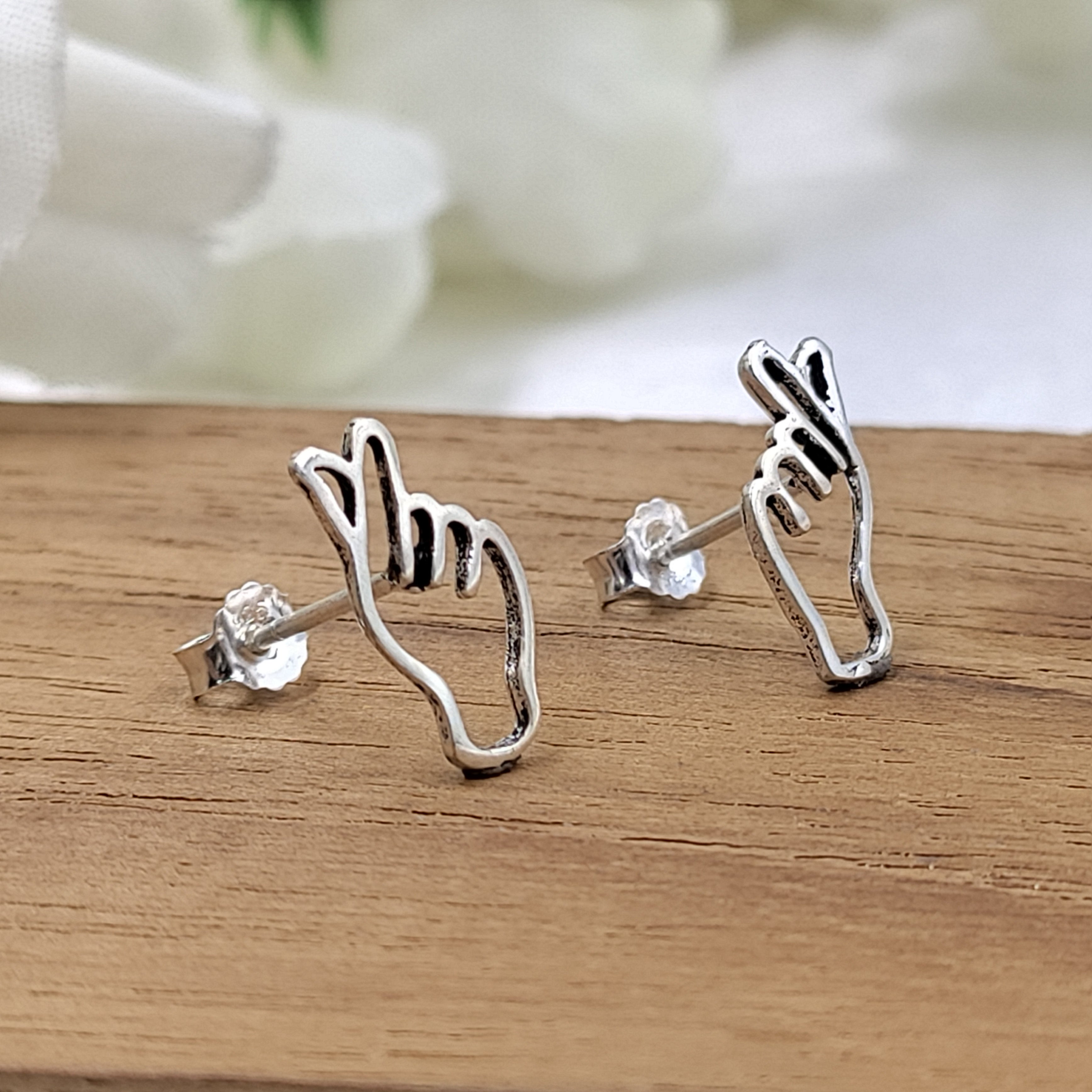 Finger Heart Earring Hand Heart earrings Hand Sign Jewelry Minimalist Handmade Gift Stud with Pushback 925 Sterling Silver Cool Gift for her