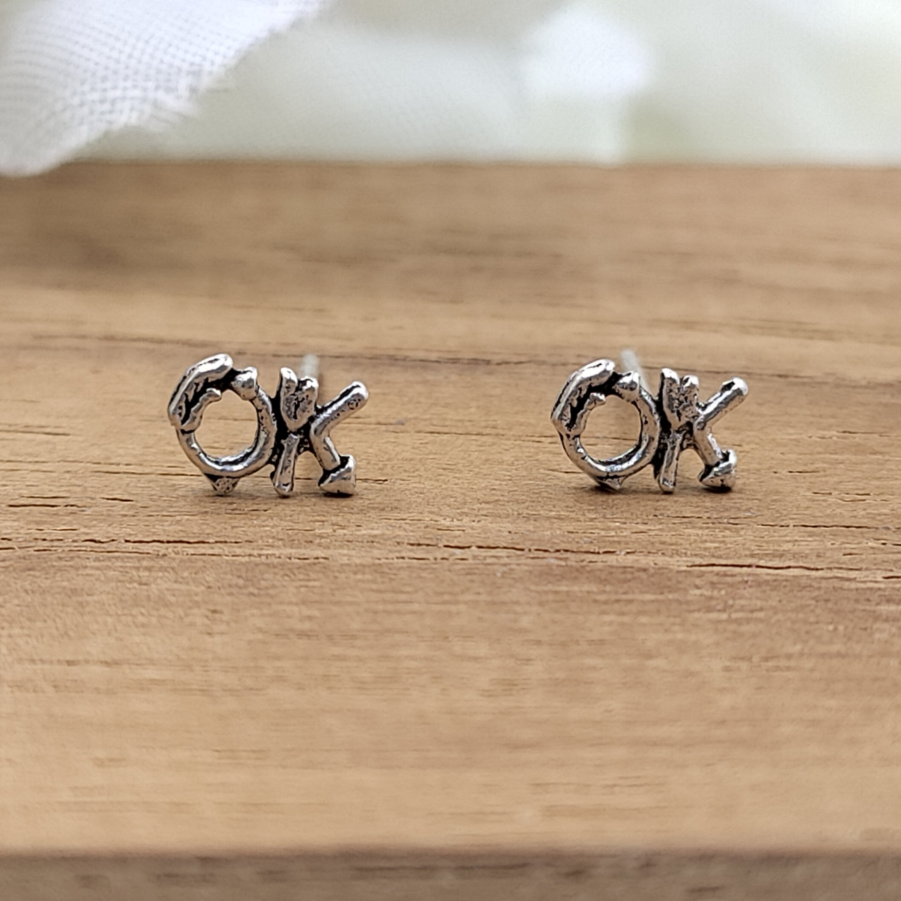 OK Word Script Symbol Earring Letter Stud Earring Alphabet Earring Handmade Gift Stud with Pushback 925 Sterling Silver Cute Gift