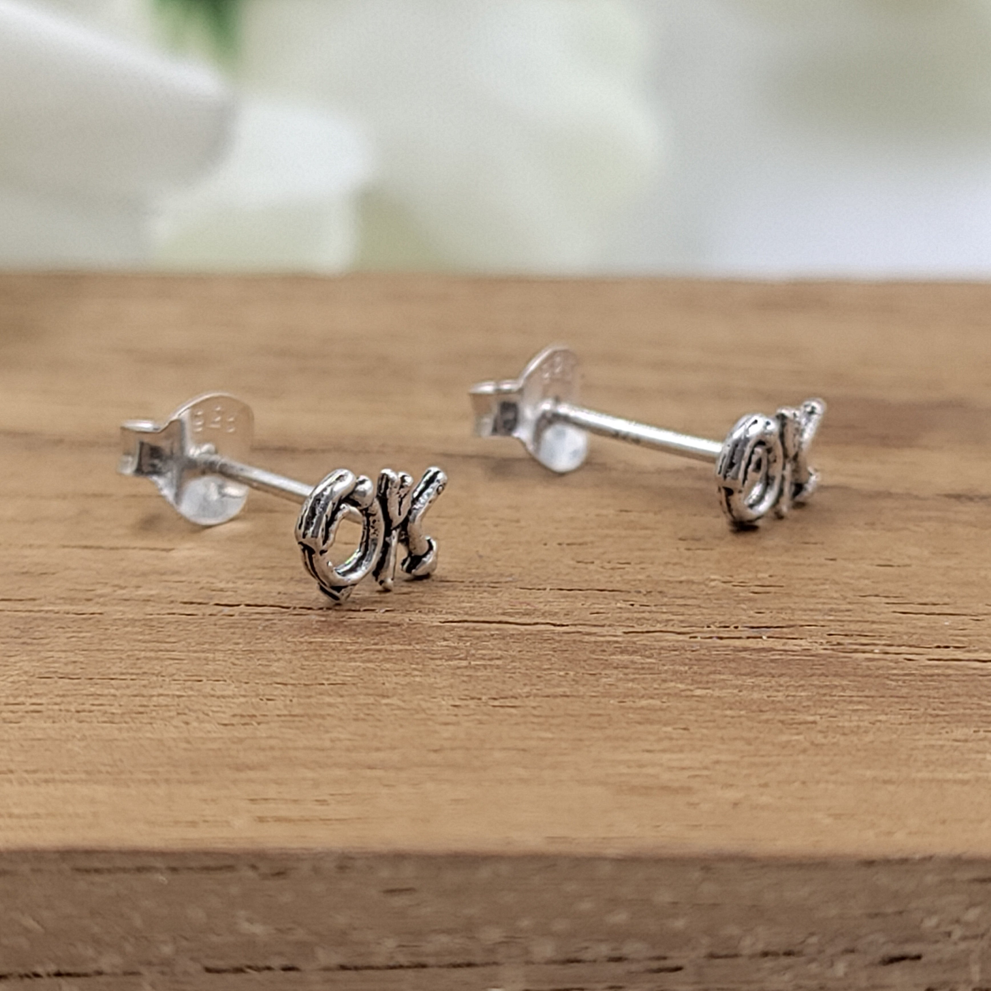 OK Word Script Symbol Earring Letter Stud Earring Alphabet Earring Handmade Gift Stud with Pushback 925 Sterling Silver Cute Gift
