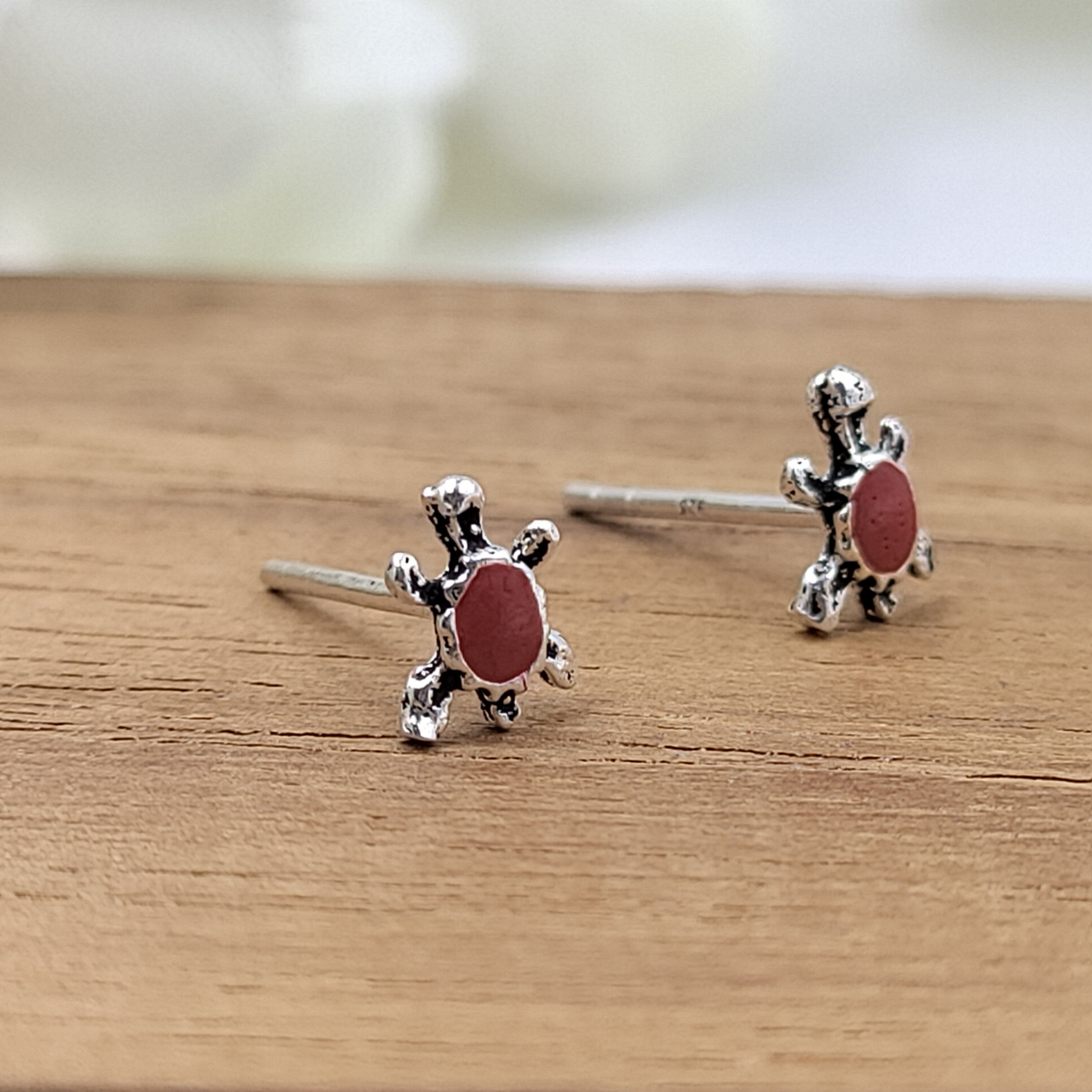 Oxidised Red Turtle Earring Stud Tiny Turtle Tortoise Stud Earring Quirky Stud Minimalist Handmade Gift Stud Pushback Sterling Silver 925