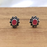 Oxidised Silver Handcrafted Red Stud Earrings Oval Stud Earring Antique Jewel Art Handmade Gift Sterling 925 Gift for Mother Sister Girl