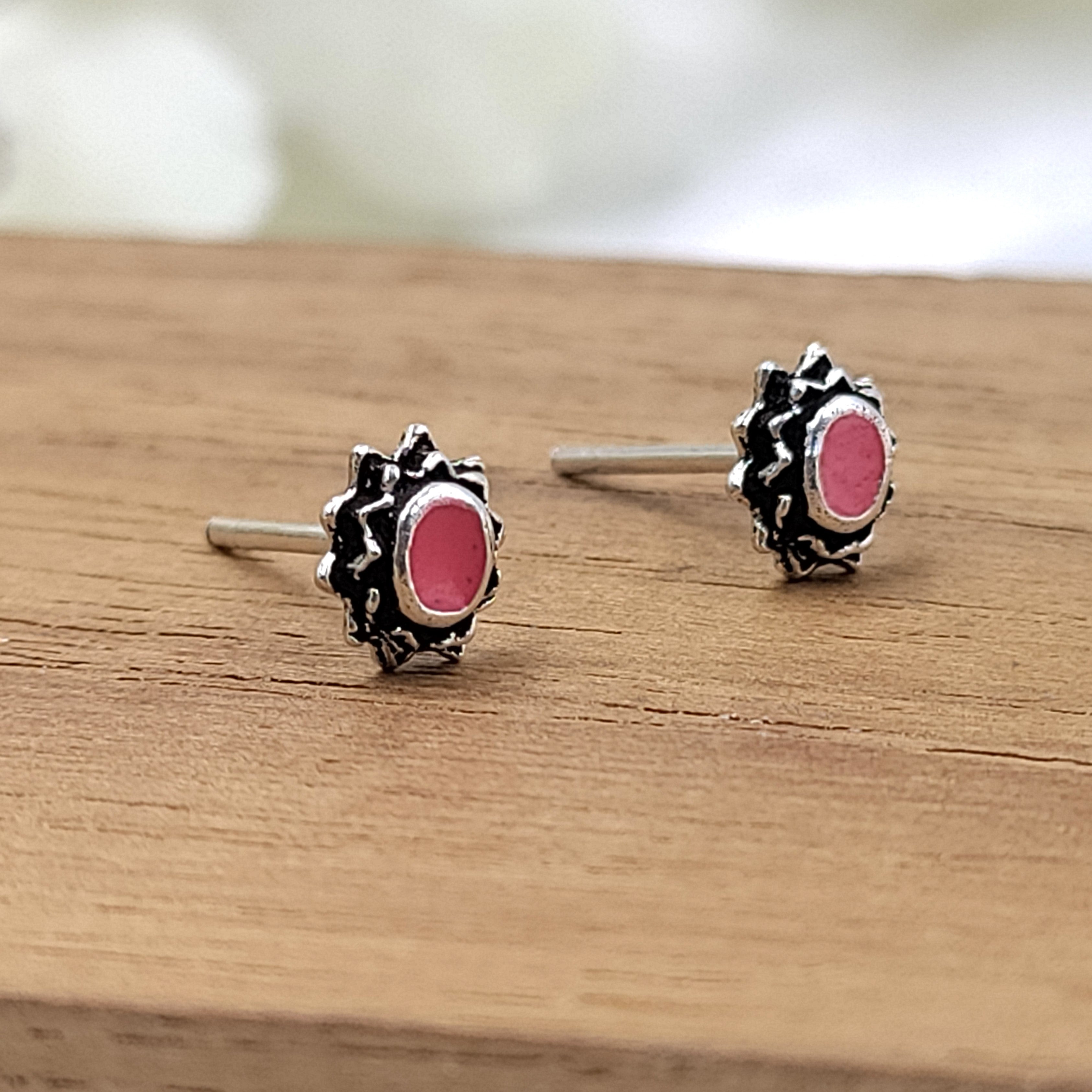 Oxidised Silver Handcrafted Red Stud Earrings Oval Stud Earring Antique Jewel Art Handmade Gift Sterling 925 Gift for Mother Sister Girl