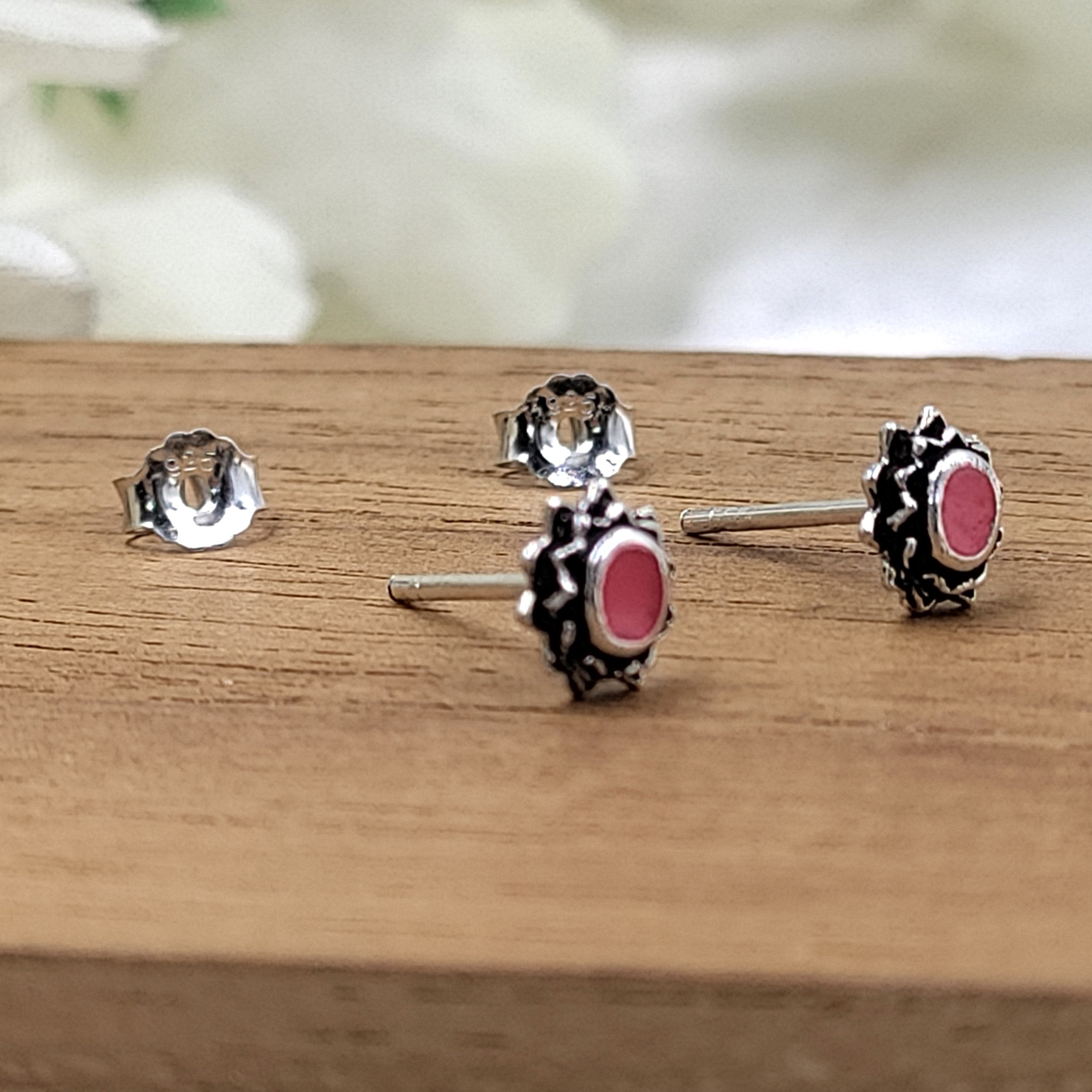 Oxidised Silver Handcrafted Red Stud Earrings Oval Stud Earring Antique Jewel Art Handmade Gift Sterling 925 Gift for Mother Sister Girl