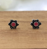 Oxidised SIlver Red Star shape Hexagon Stud Earrings Elegant Flower Stud Post Floral Handmade Gift Stud Pushback Solid 925