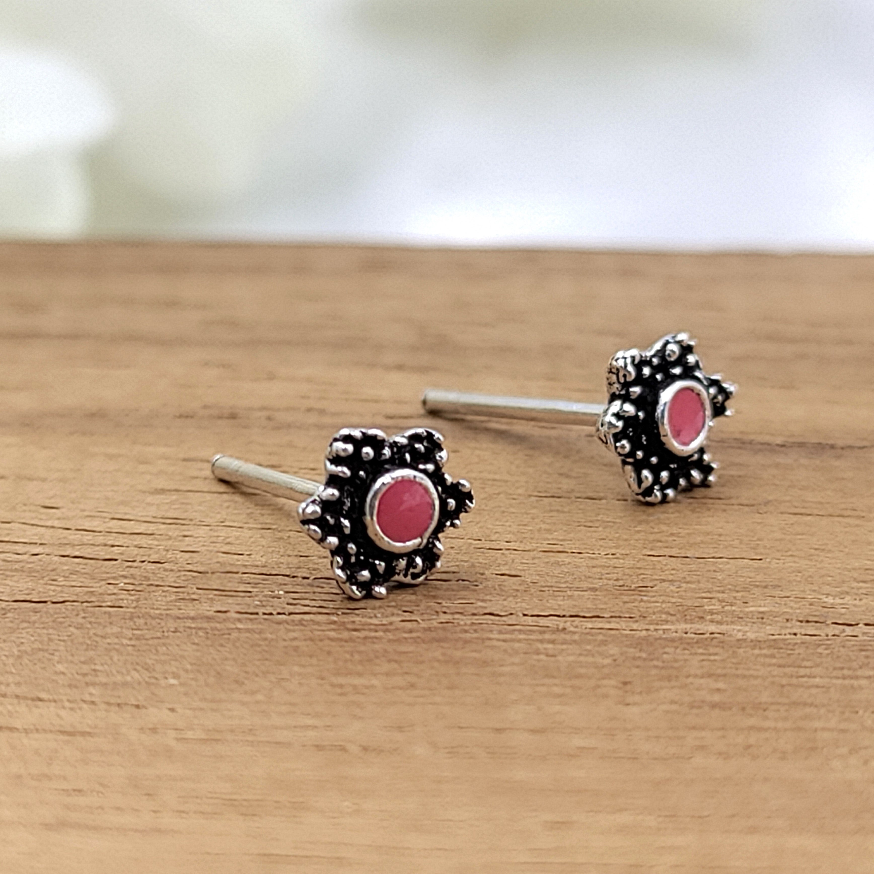 Oxidised SIlver Red Star shape Hexagon Stud Earrings Elegant Flower Stud Post Floral Handmade Gift Stud Pushback Solid 925