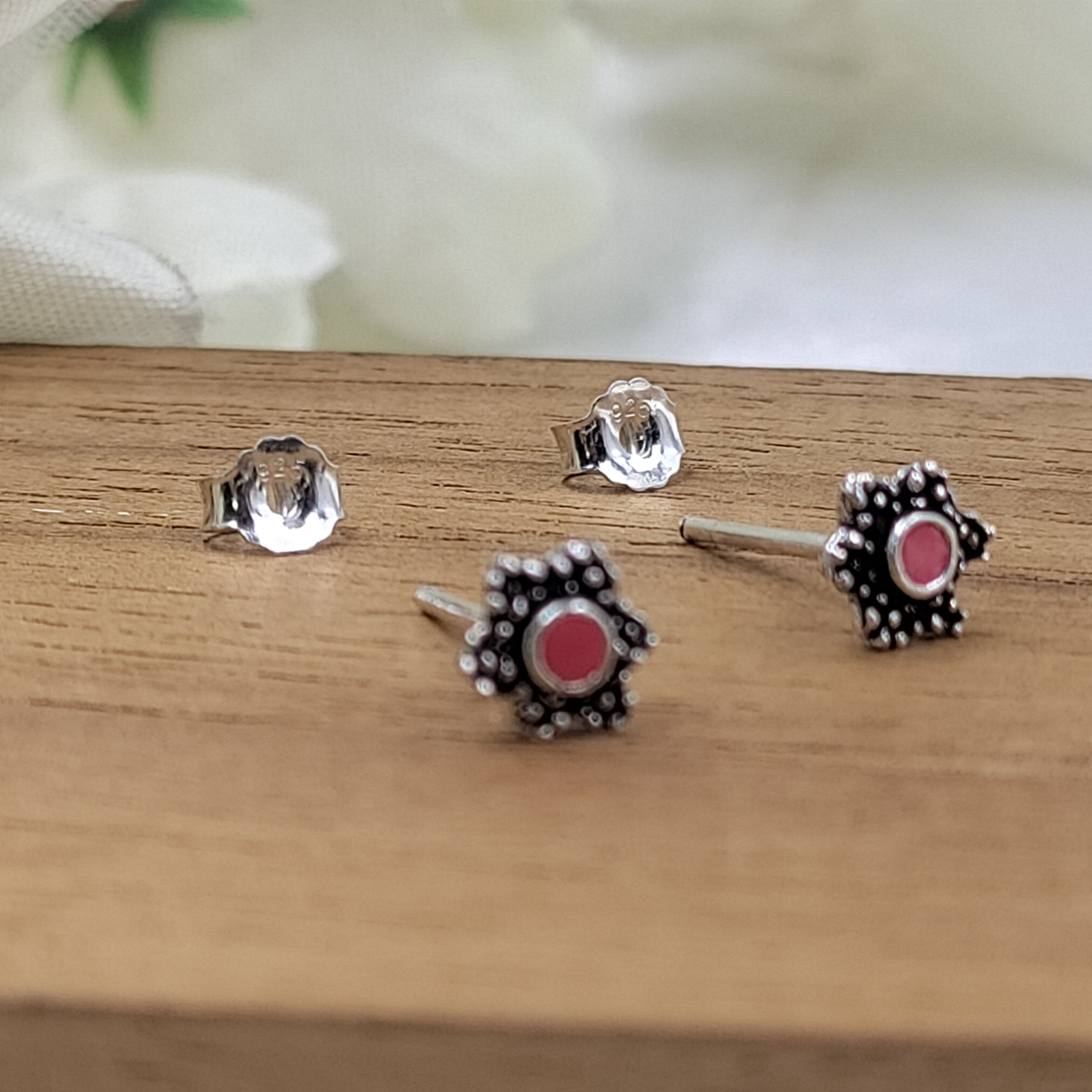 Oxidised SIlver Red Star shape Hexagon Stud Earrings Elegant Flower Stud Post Floral Handmade Gift Stud Pushback Solid 925