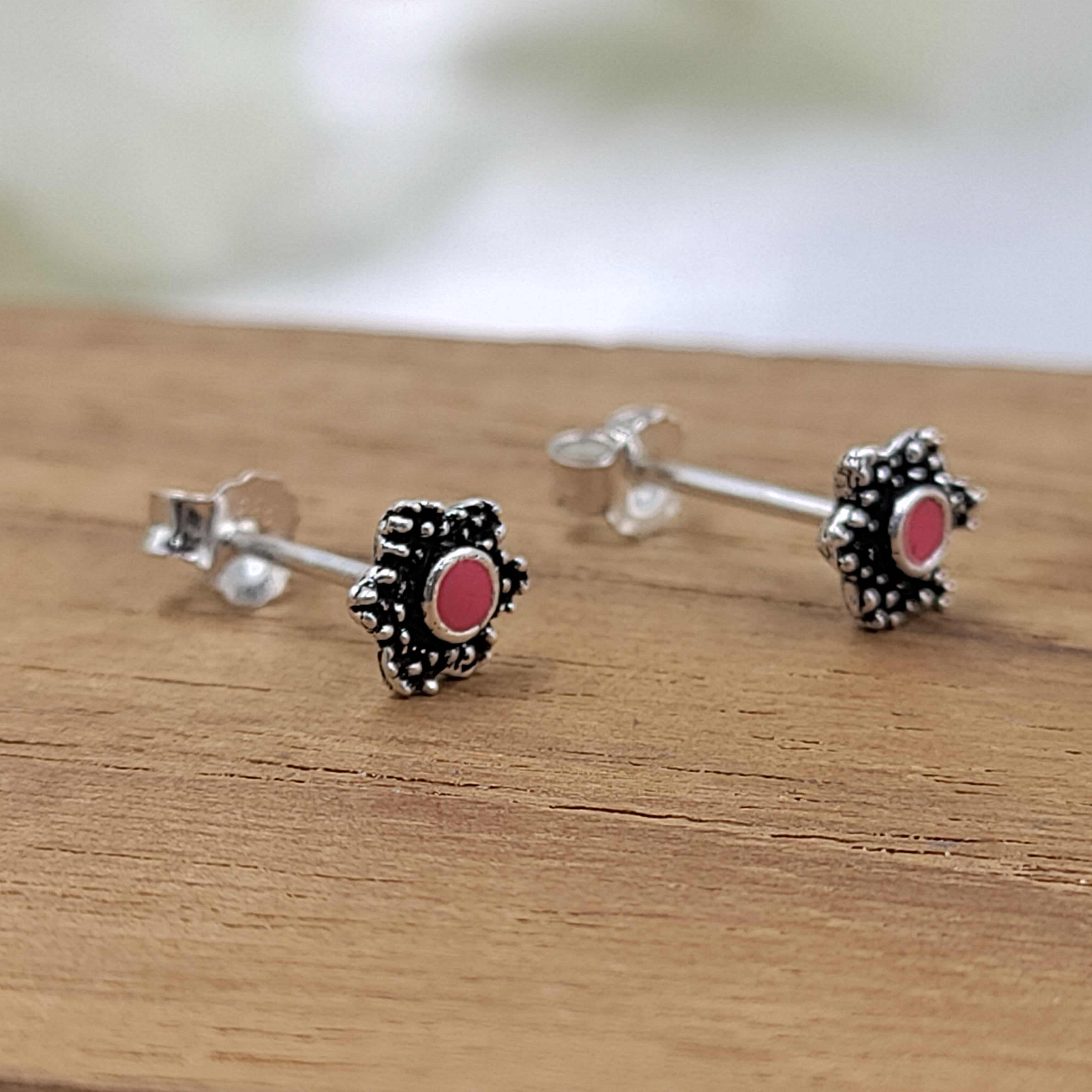 Oxidised SIlver Red Star shape Hexagon Stud Earrings Elegant Flower Stud Post Floral Handmade Gift Stud Pushback Solid 925