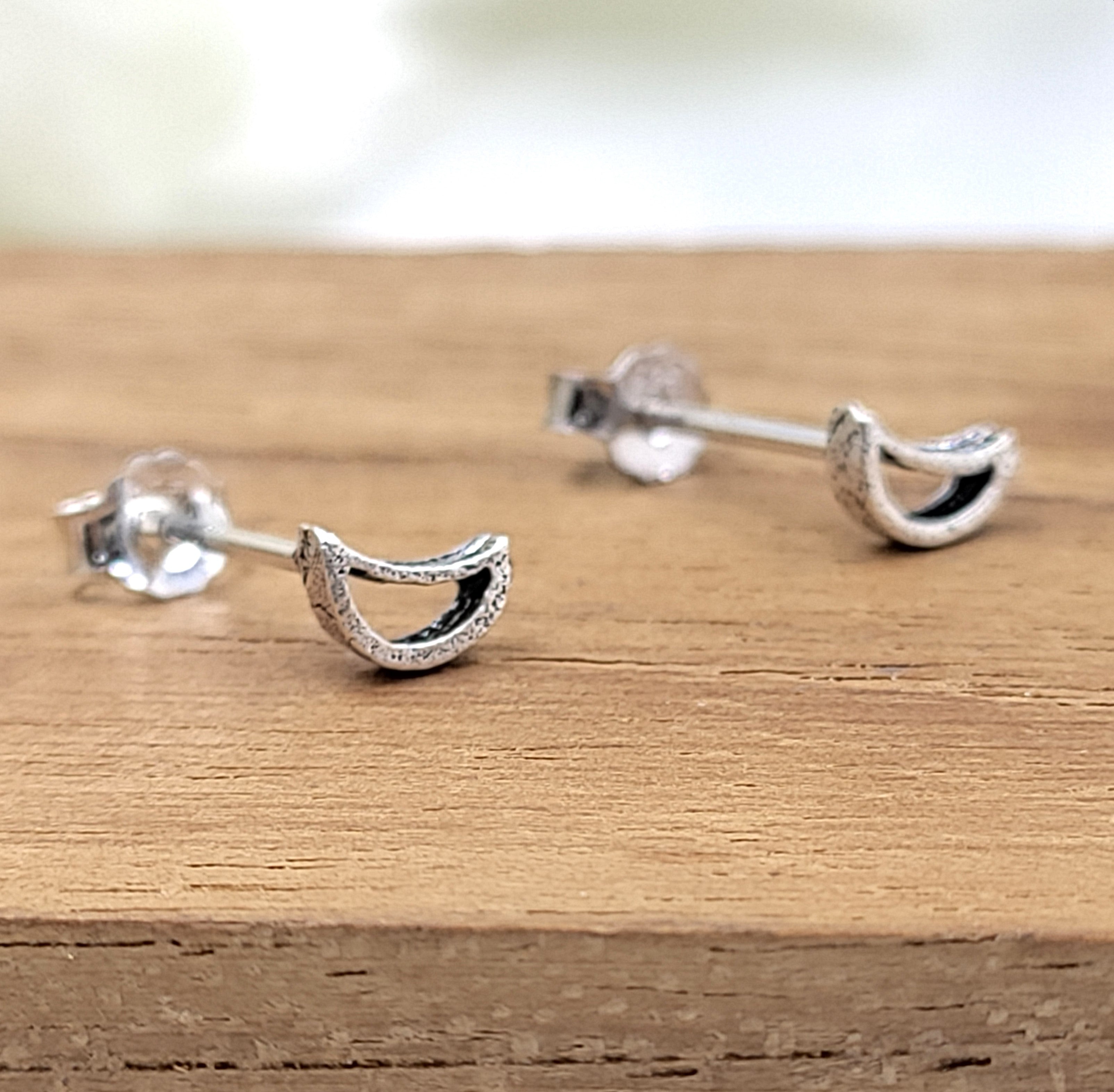 Tiny Moon Stud Earrings Silver Celestial Jewelry Crescent Little Moon Earrings Minimal Handcrafted Gift Stud with Pushback Sterling 925