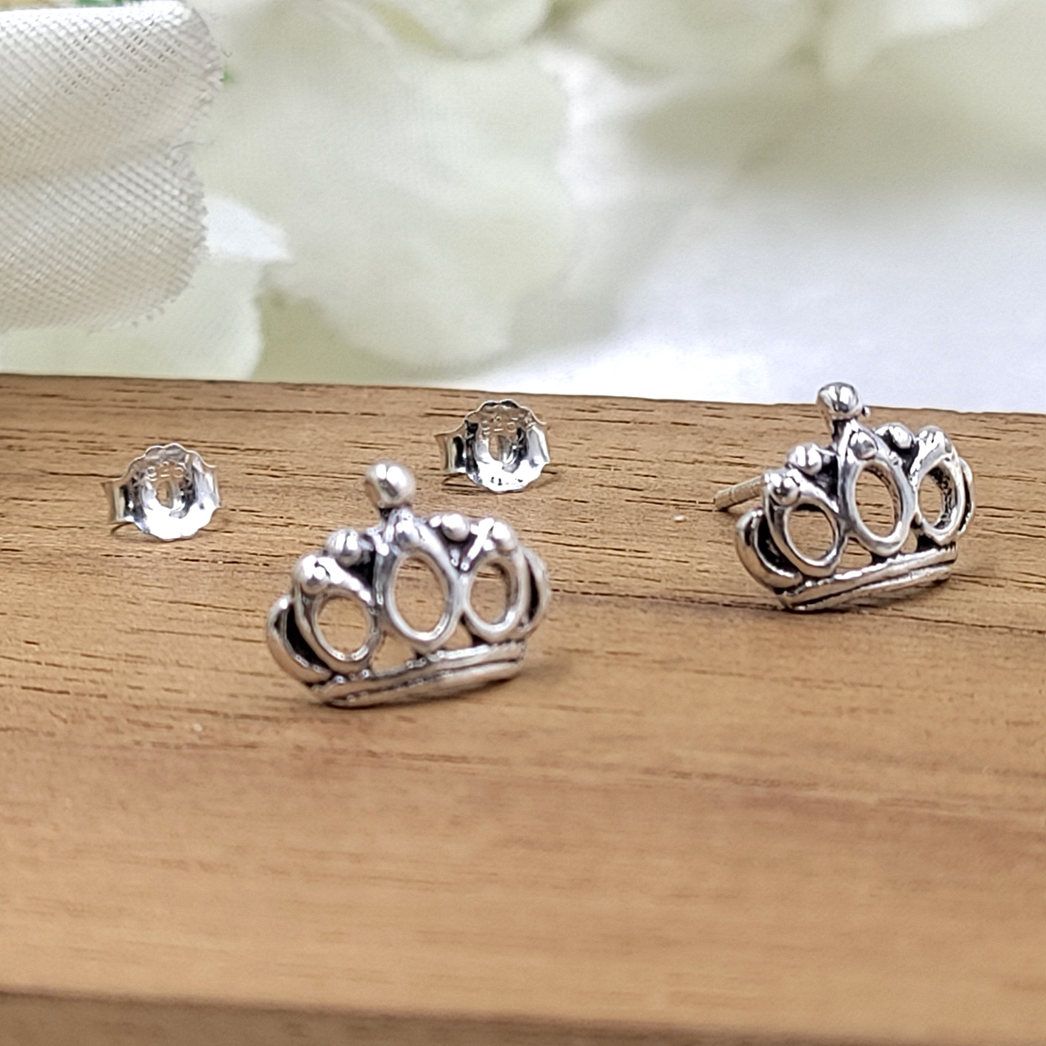 Princess Crown Stud Earrings Queen Jewellery Crown Jewelry Minimalist Handmade Gift Studs with Pushback 925 Sterling Silver
