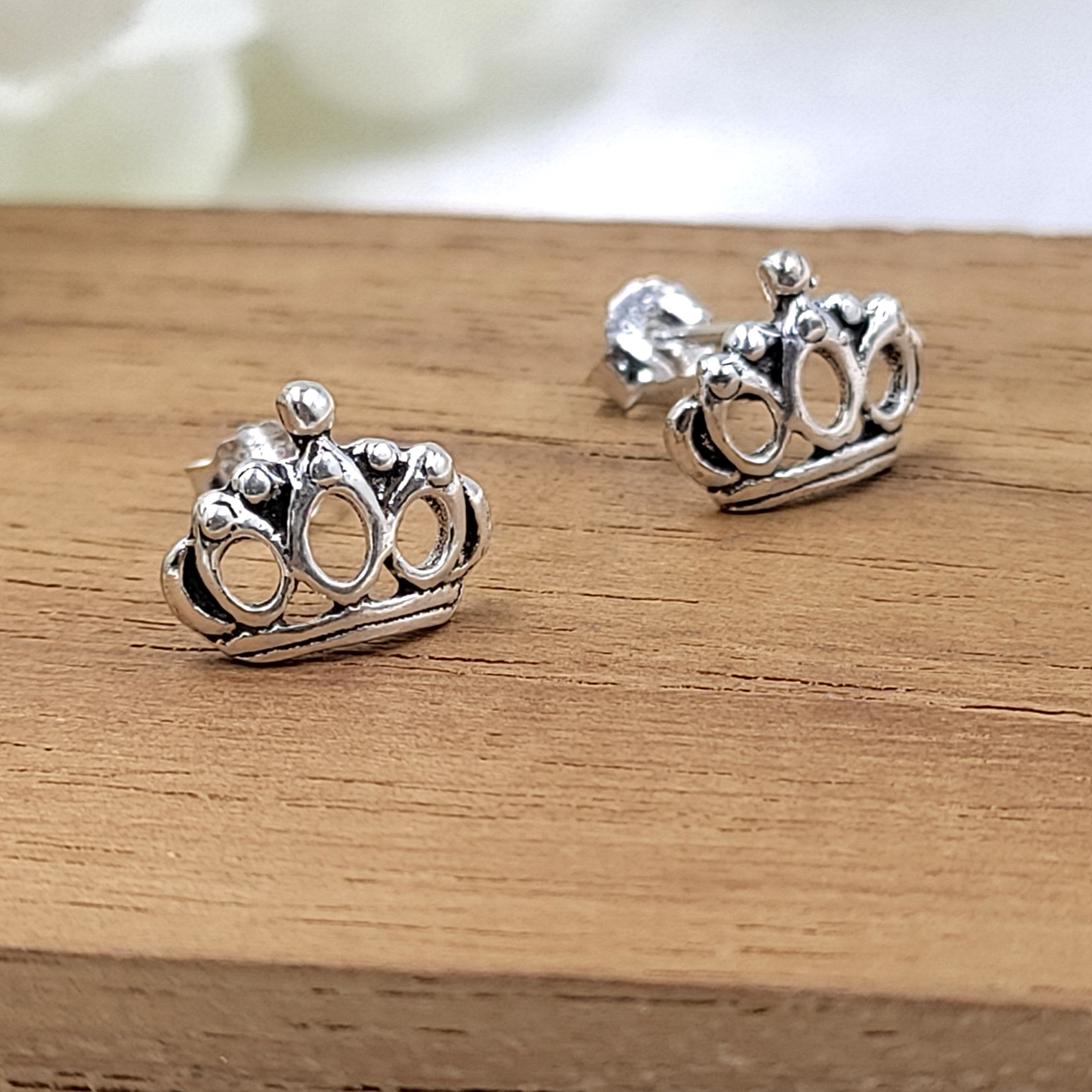 Princess Crown Stud Earrings Queen Jewellery Crown Jewelry Minimalist Handmade Gift Studs with Pushback 925 Sterling Silver