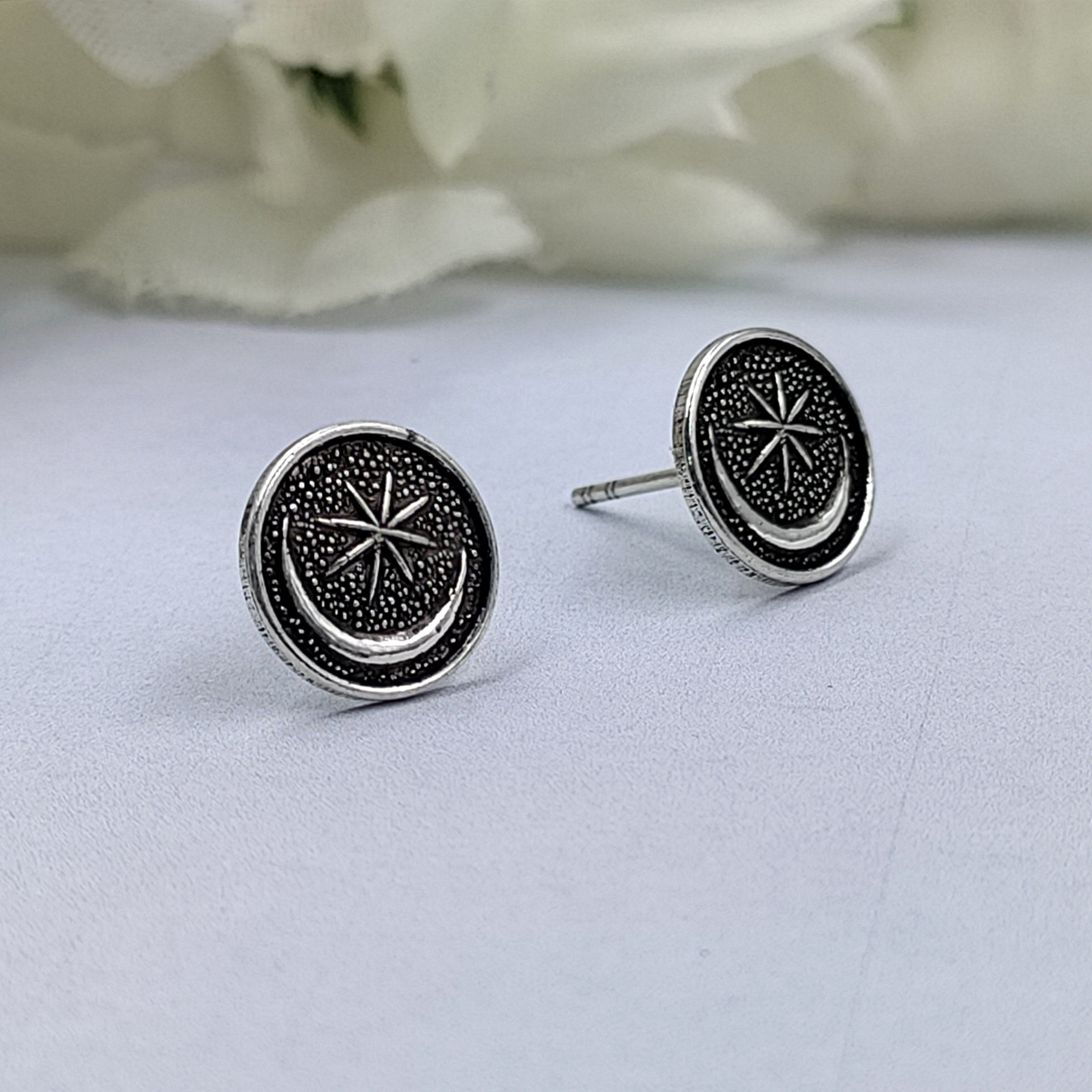 Black Oxidised Vintage Boho Jwelery Star and moon Design Stud Earrings Handcrafted Gift Pushback Stud 925 Sterling Silver Gift for her/him