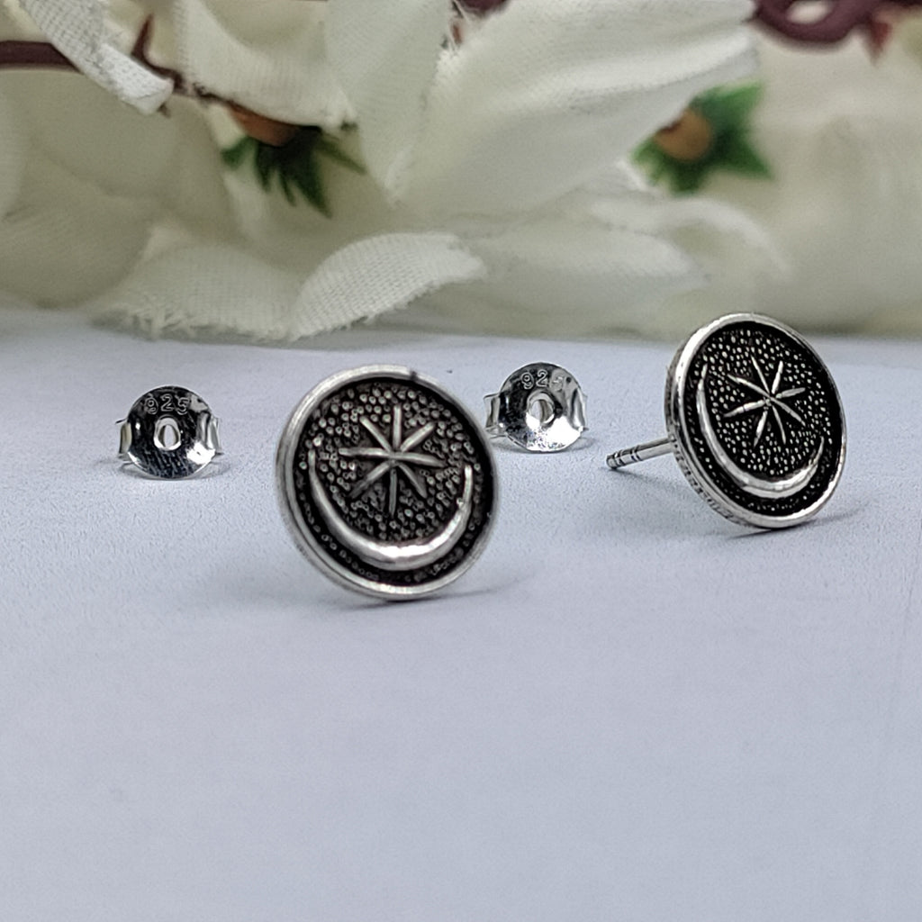 Black Oxidised Vintage Boho Jwelery Star and moon Design Stud Earrings 925 Sterling Silver