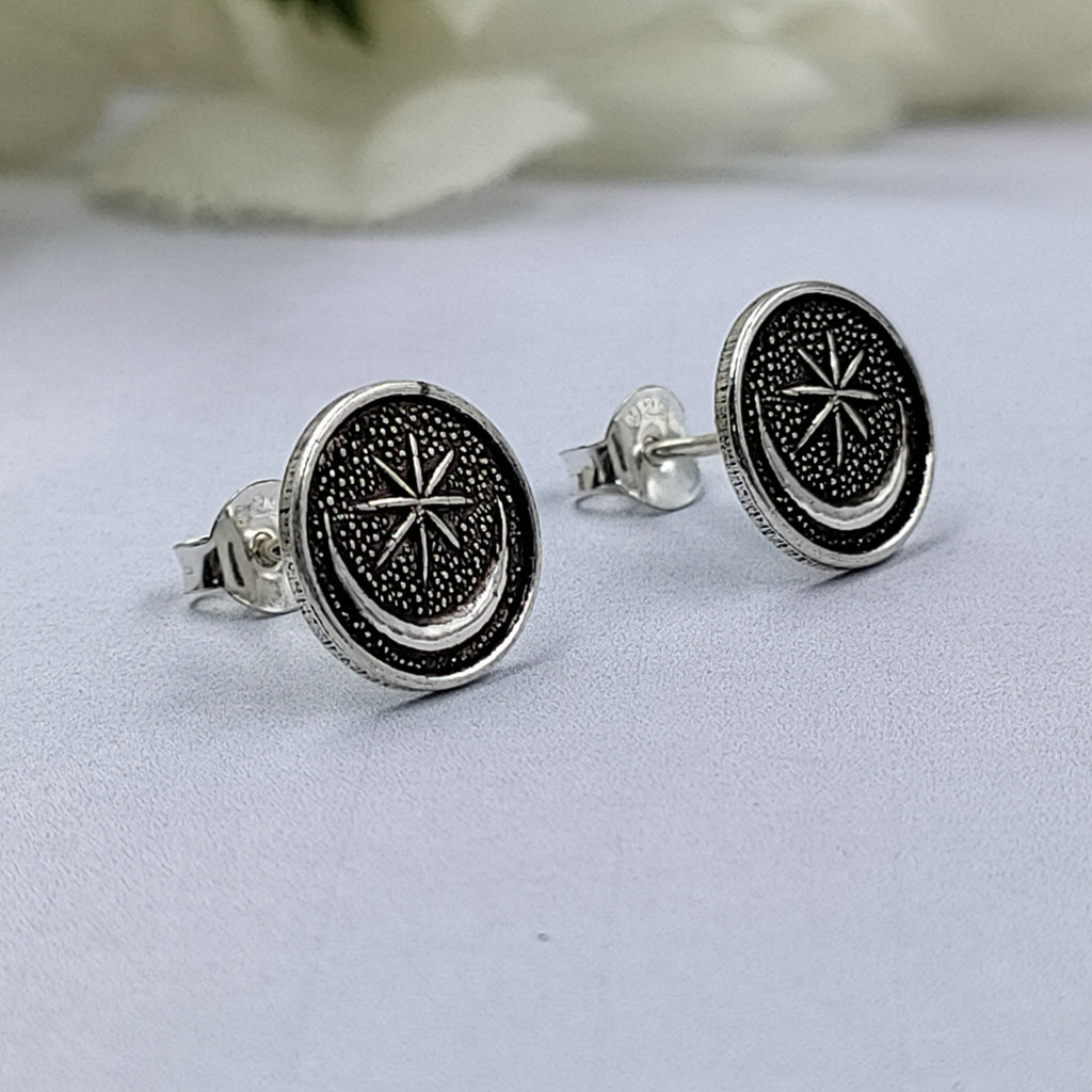 Black Oxidised Vintage Boho Jwelery Star and moon Design Stud Earrings 925 Sterling Silver