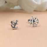 Asymmetric Anchor and Wheel Stud Earring Mismatched Nautical Jewelry Ship Beach Earring Handmade Studs with Pushback 925 Sterling Silver