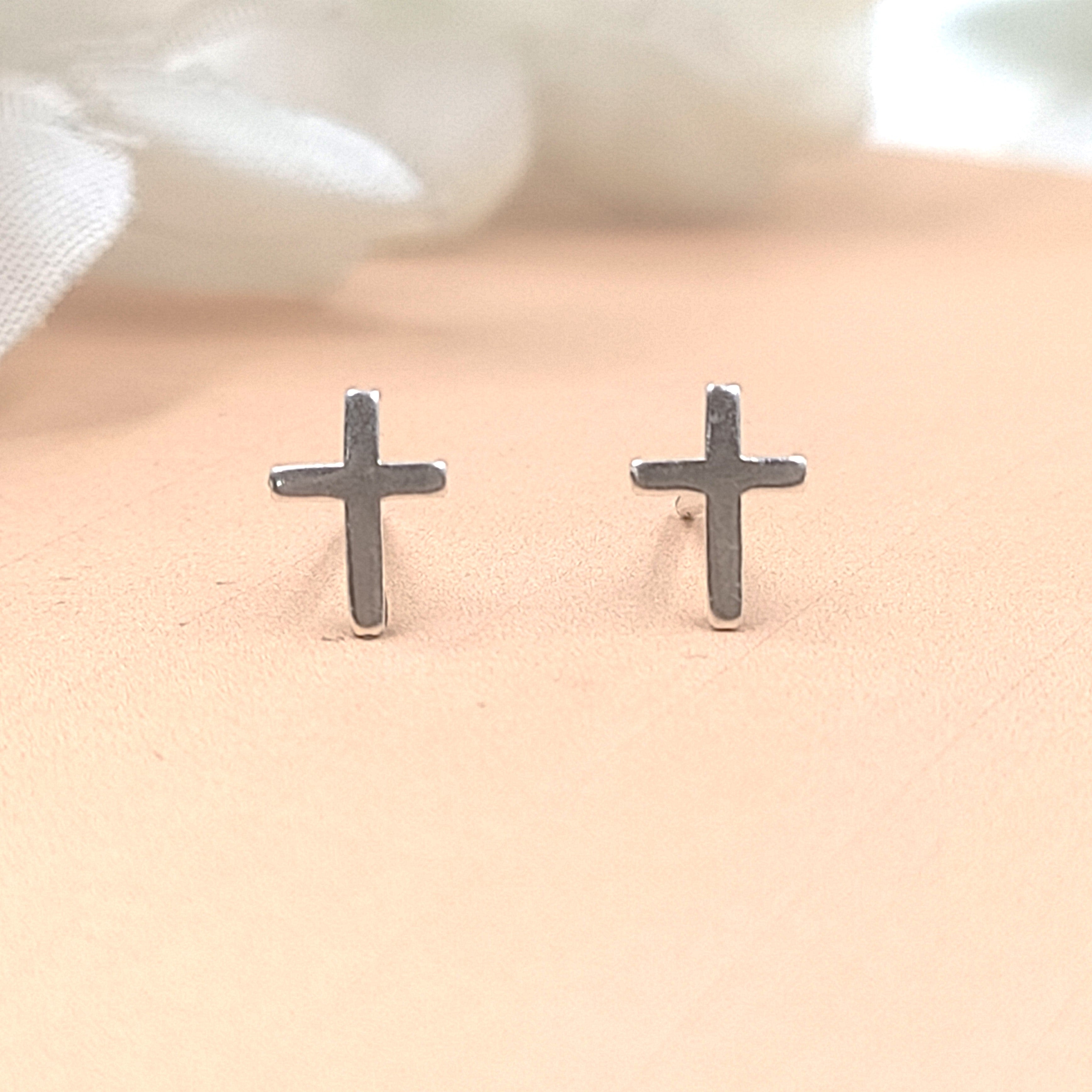 Silver Cross Flathead Back Earring Spritual Gift Minimalist Handmade Baptism gift Stud with Pushback 925 Sterling Free shipping