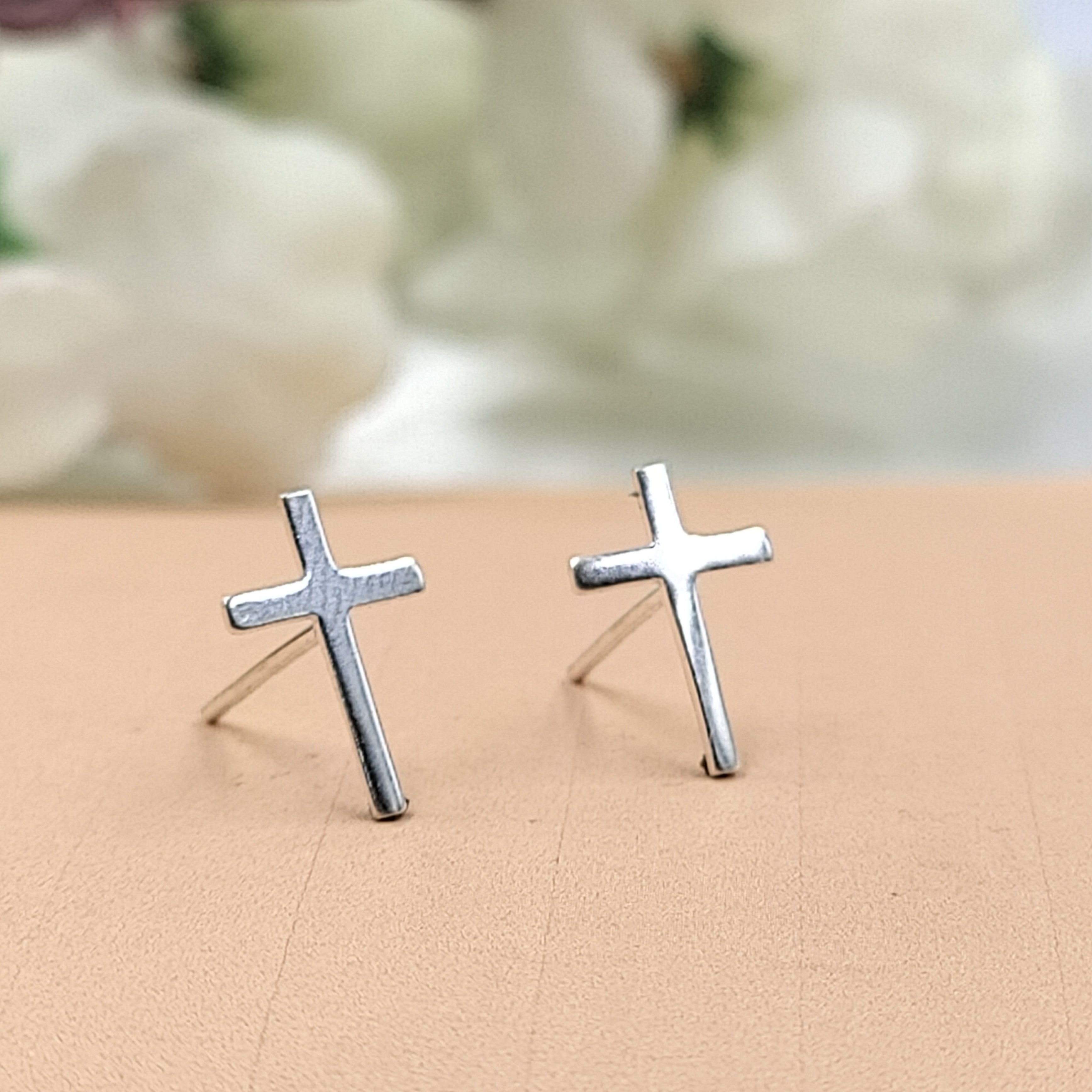 Silver Cross Flathead Back Earring Spritual Gift Minimalist Handmade Baptism gift Stud with Pushback 925 Sterling Free shipping