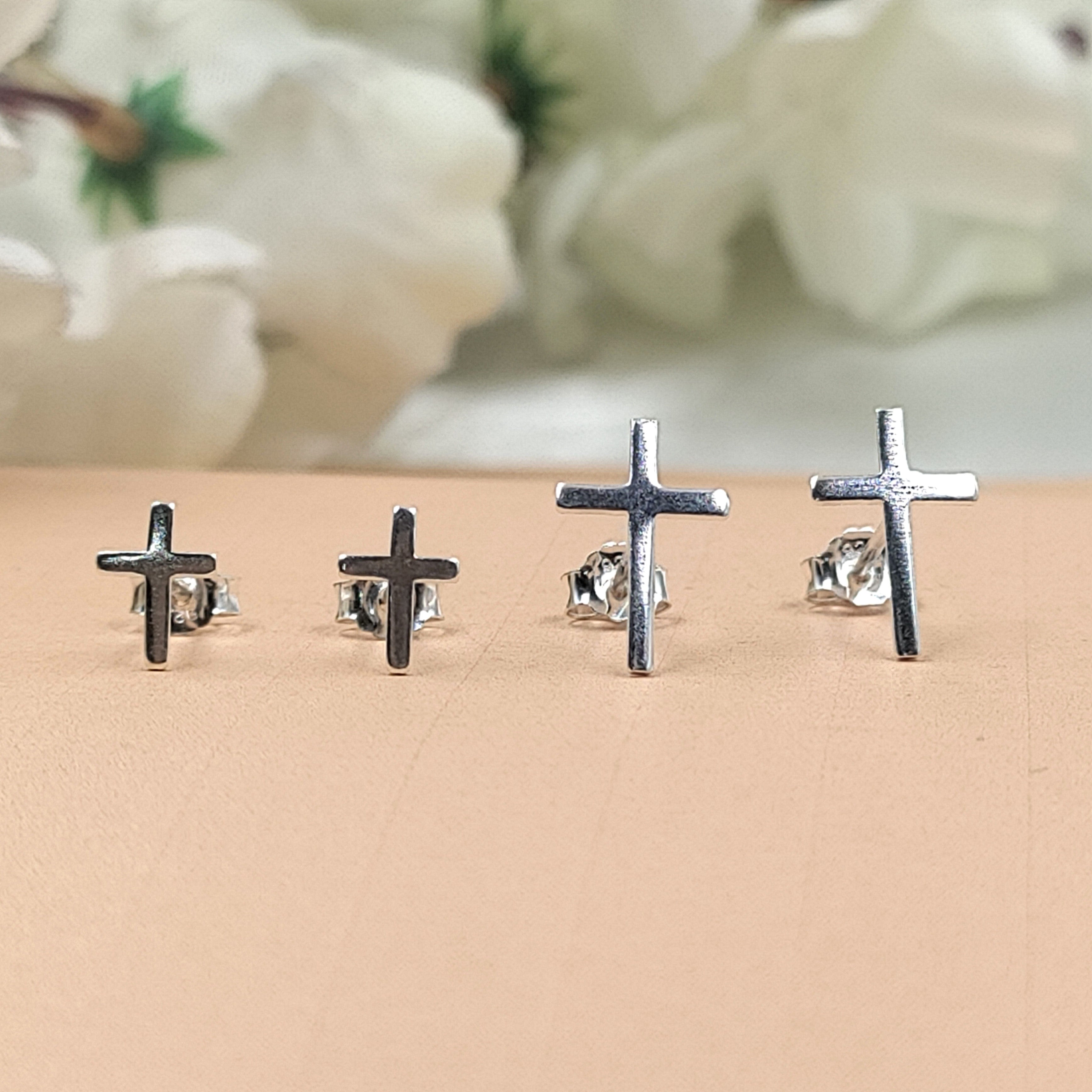 Silver Cross Flathead Back Earring Spritual Gift Minimalist Handmade Baptism gift Stud with Pushback 925 Sterling Free shipping